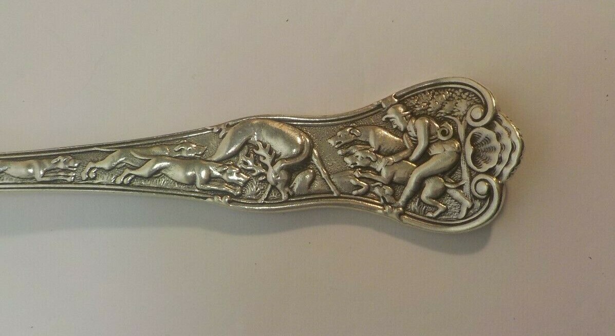Rare Sterling Silver 9″ Serving Fork & Spoon, STAG HUNT Scene, c. early 1800’s