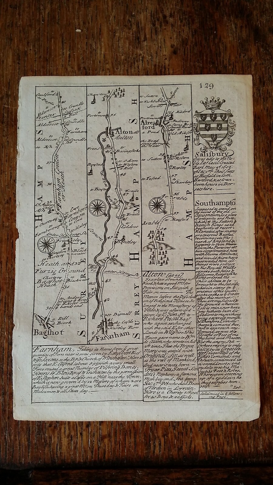 1724 ANTIQUE ROAD MAP OWEN & BOWEN – SOUTHAMPTON SALISBURY FARNHAM ALTON BAGSHOT