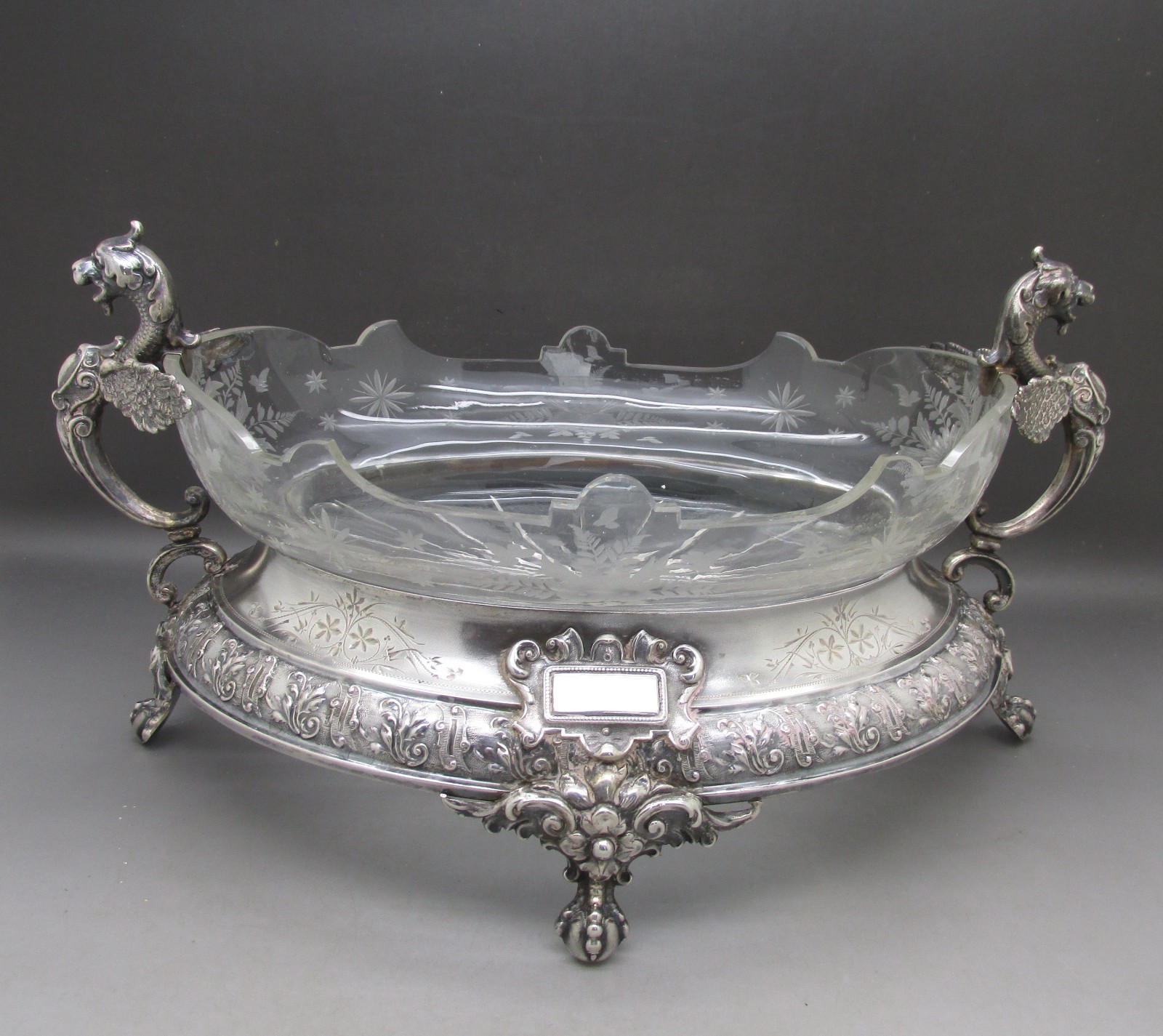 ANTIQUE LARGE SOLID SILVER & ETCHED GLASS TABLE CENTER PIECE 30CM 830g c1880