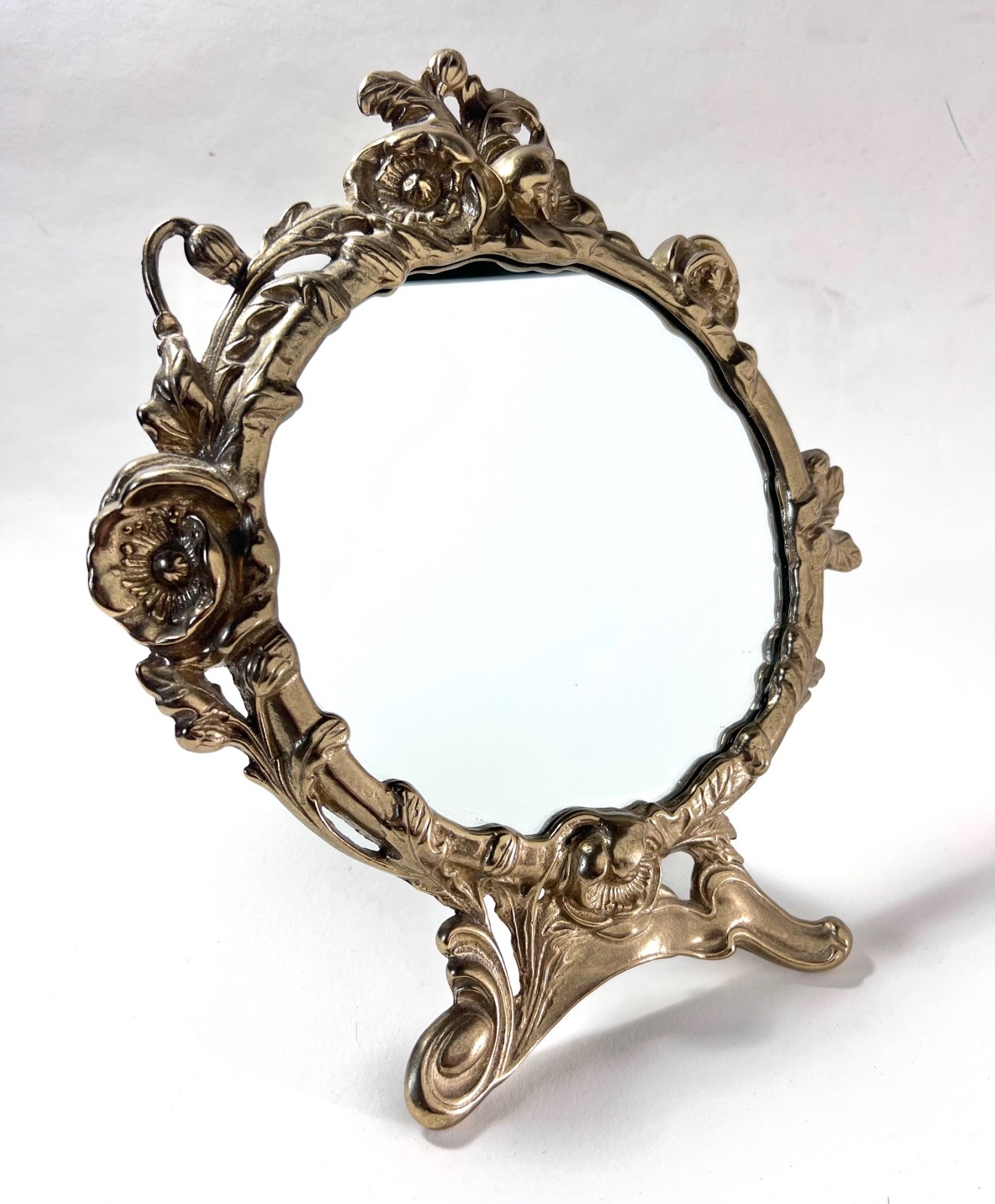 Art Nouveau Style Brass Mirror Beautiful Poppy Pattern Table Top