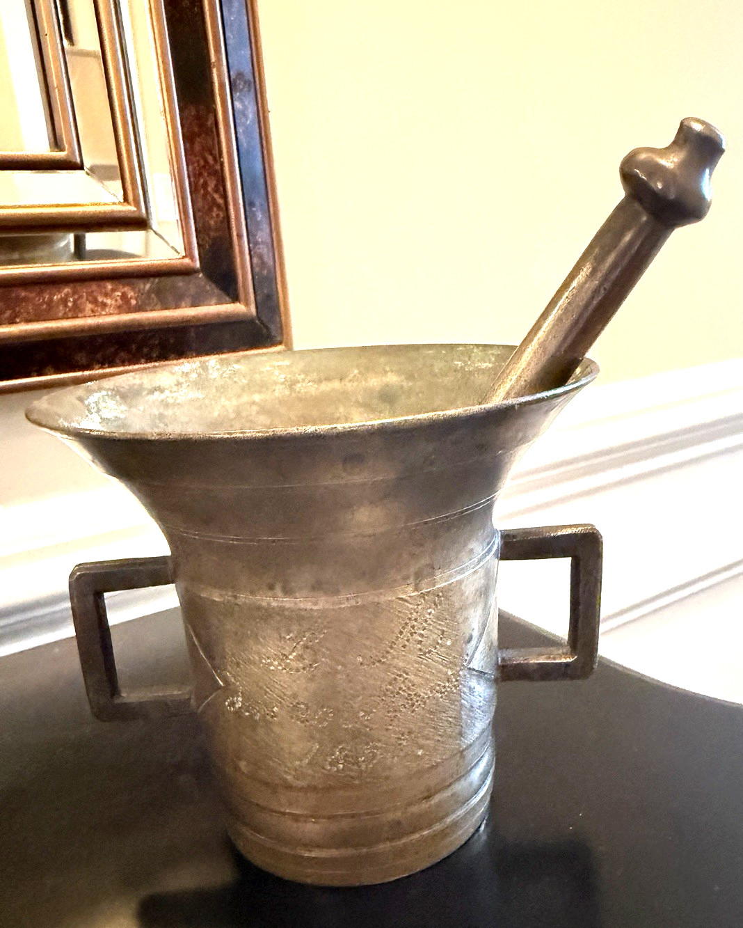 Antique Heavy Solid Brass Mortar And Pestle Large Pharmacy Apothecary Dated 1895