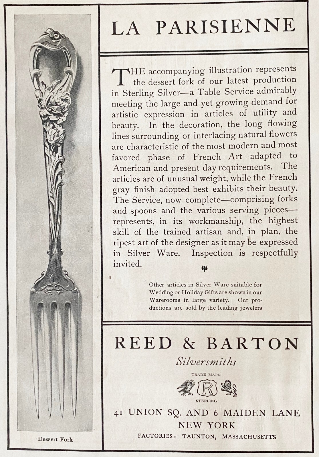 1902 REED&BARTON Vtg Print Ad “LA PARISIENNE” Silver Dessert Fork Design Pattern
