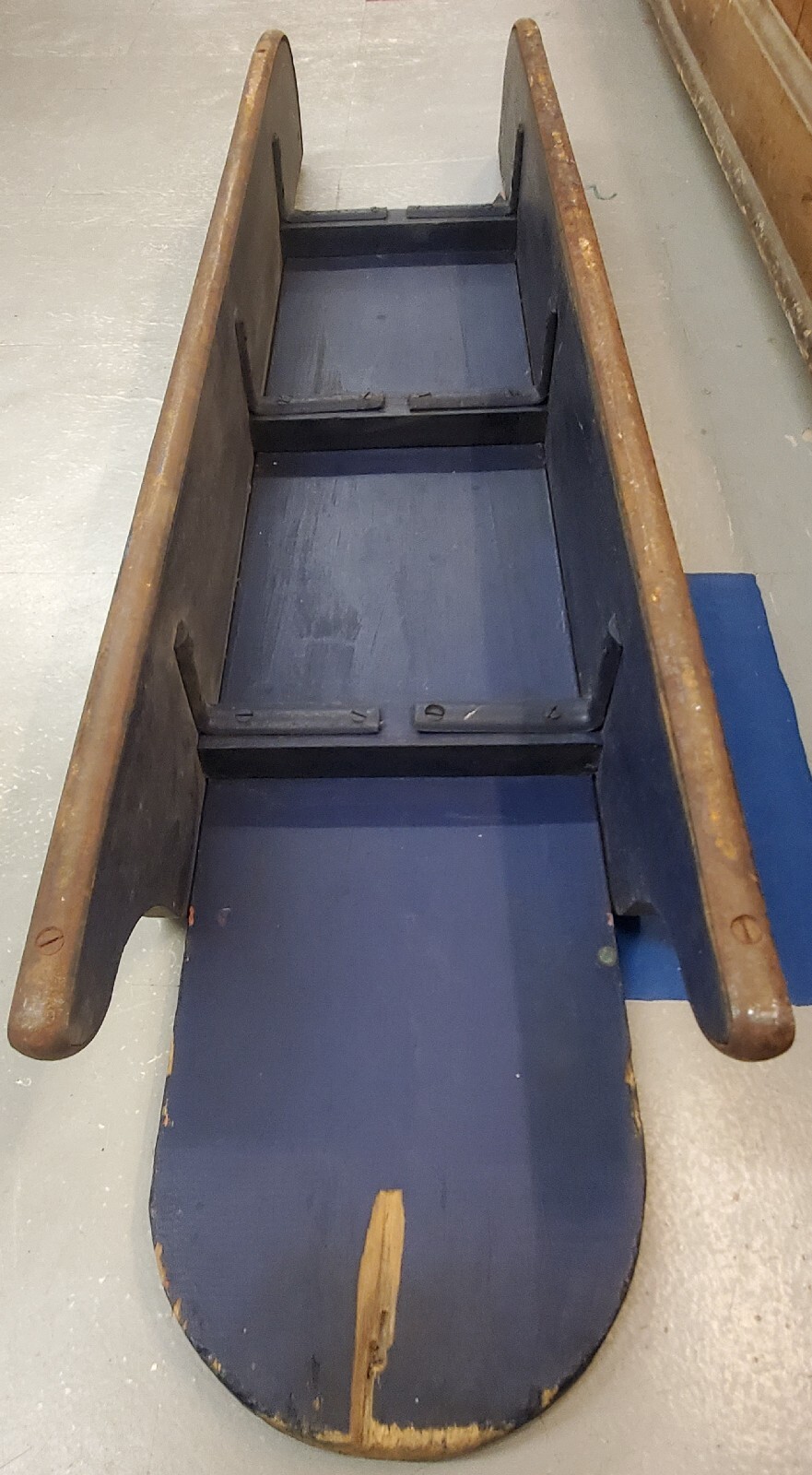 Antique Vintage Solid Wood Snowboard Sled Primitive Red White Blue Ice Sled Bob