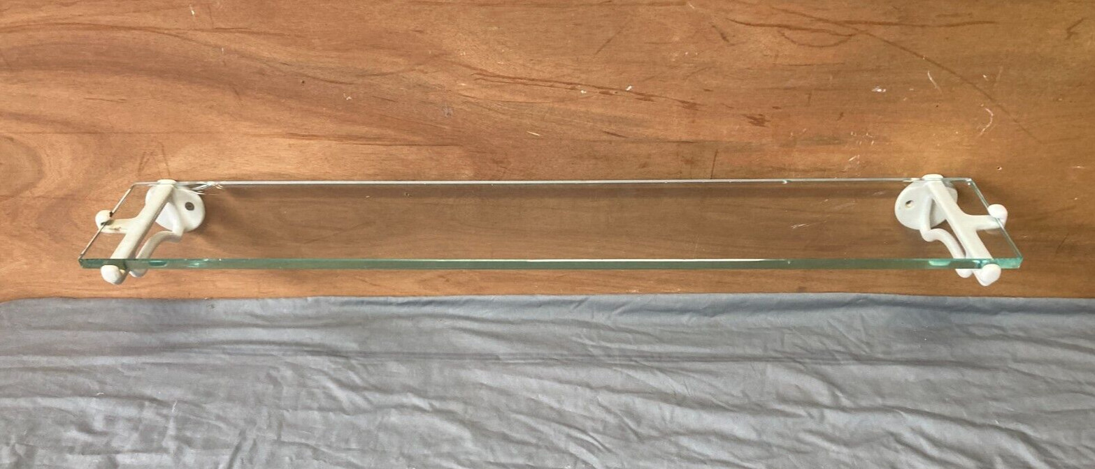 Antique 30″ Glass Shelf Cast Iron White Porcelain Brackets Old Vtg 424-26E