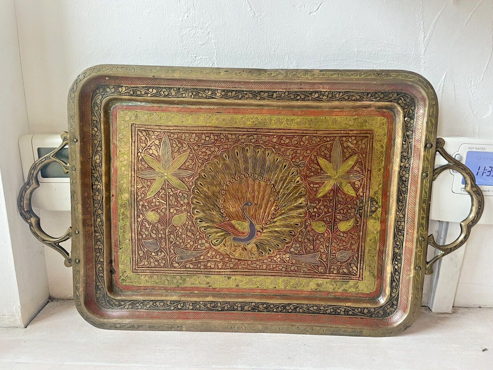 Antique Peacock Brass Reposse Relief Color Brass etched Handle Serving tea Tray