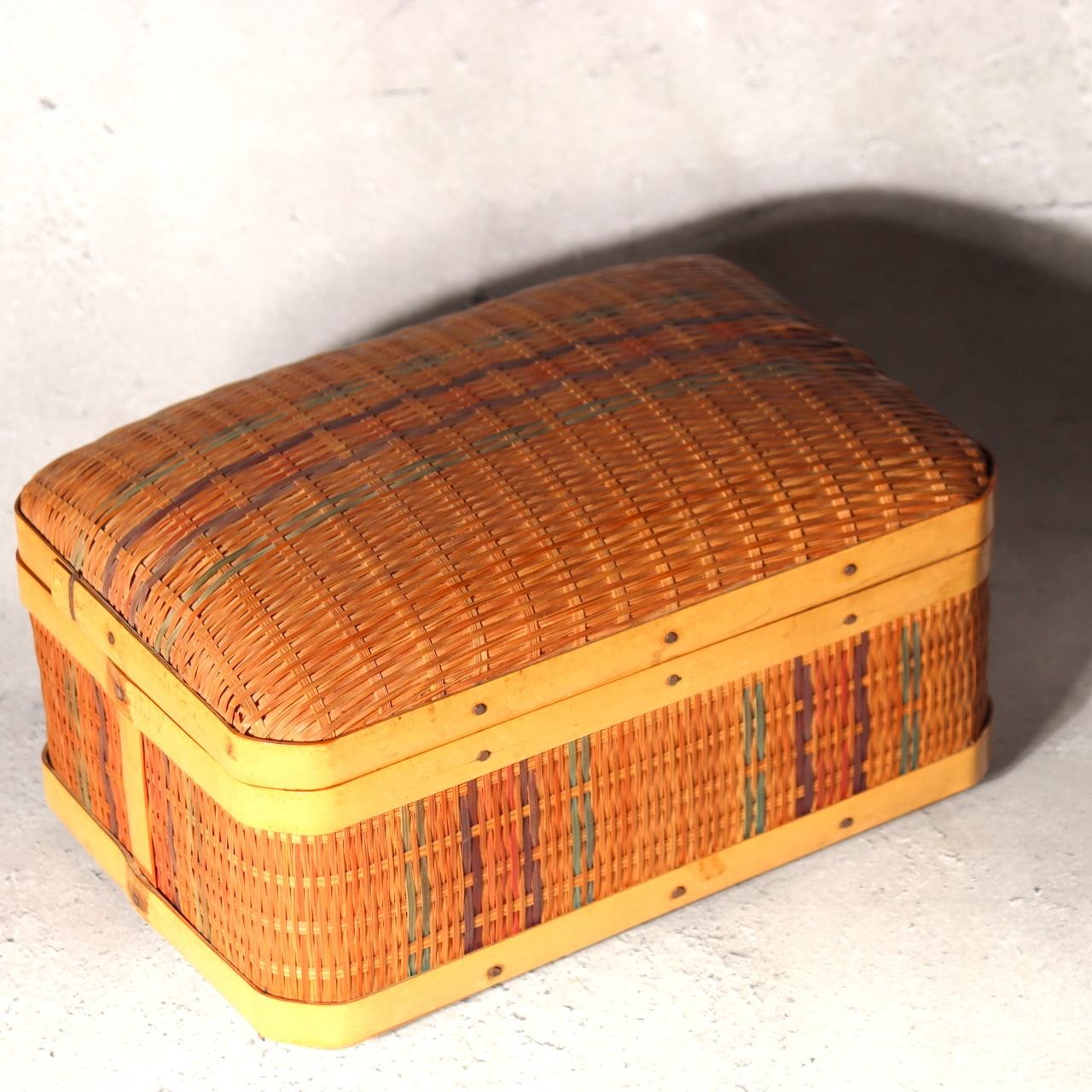 Japanese Vintage Bamboo Basket Box Woven Colorful Stripes Sewing Storage WO520