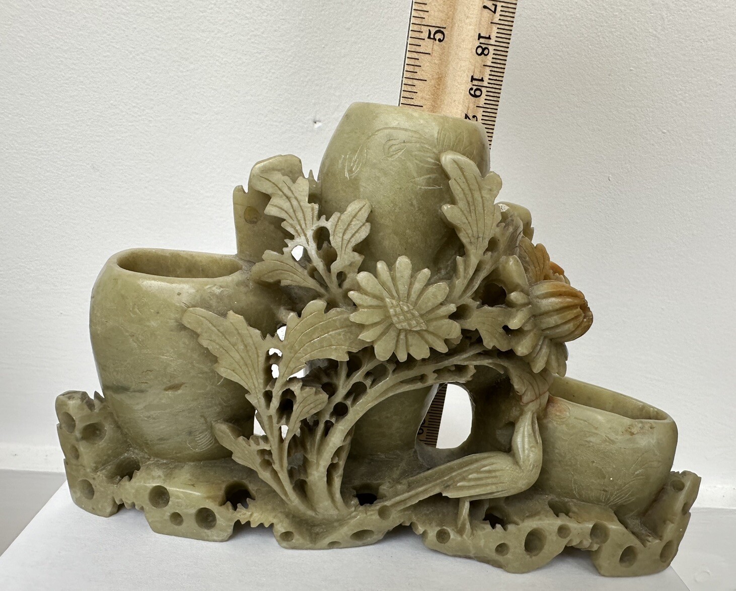 Chinese Carved Stone Carving Sculpture With Vases Floral Design Flowers Bird