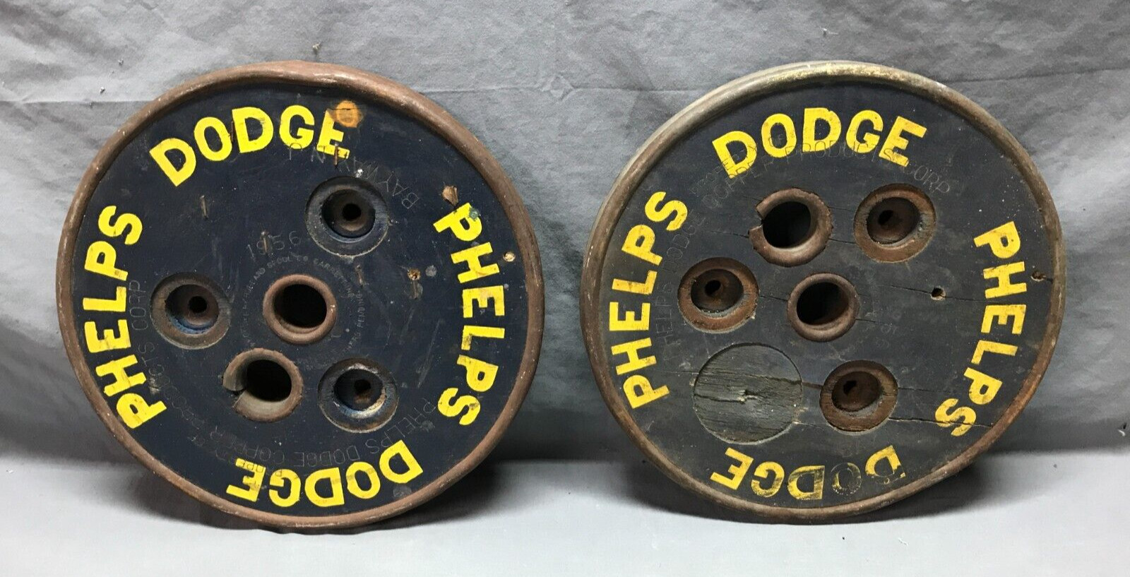 VTG Pair Blue 12″ Steampunk Wood Stool Tops Phelps Dodge Bayway NJ Old 942-24B