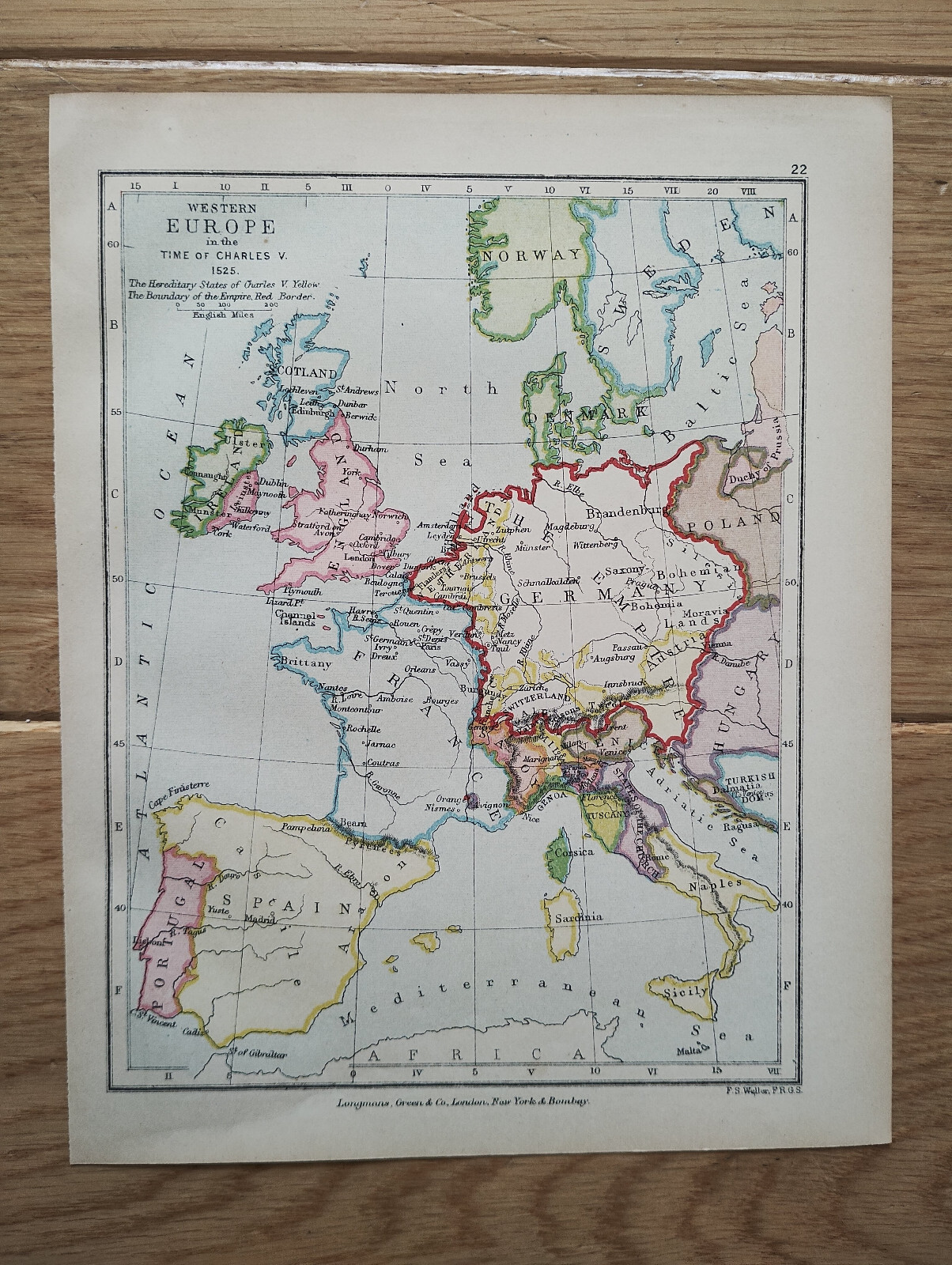 Western Europe in 1525 – Antique 1898 Map