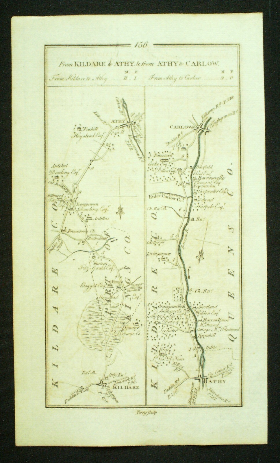 IRELAND, KILDARE, CARLOW, SHILLELAGH, antique road map, Taylor & Skinner c.1778