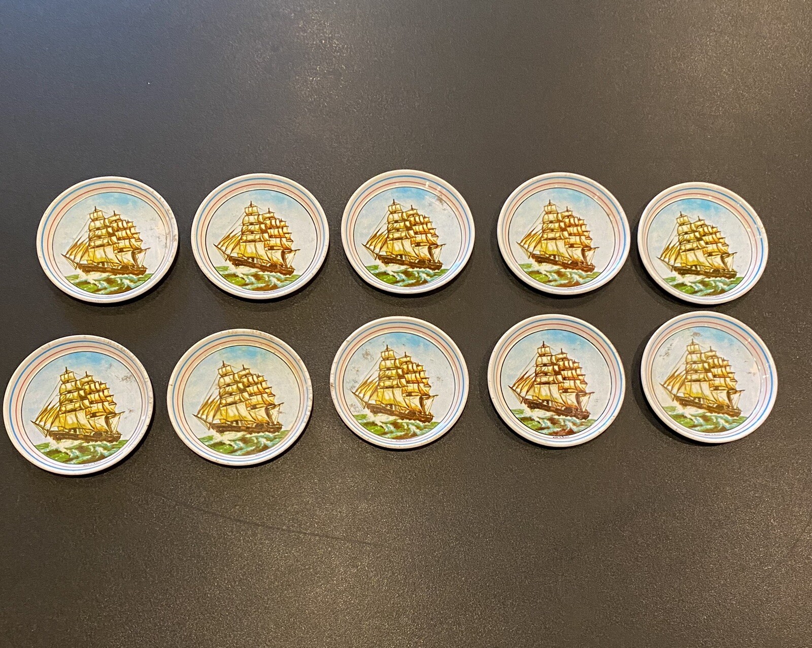 Vintage Clipper Ship Sailboat Metal Tin Coasters Set of 10