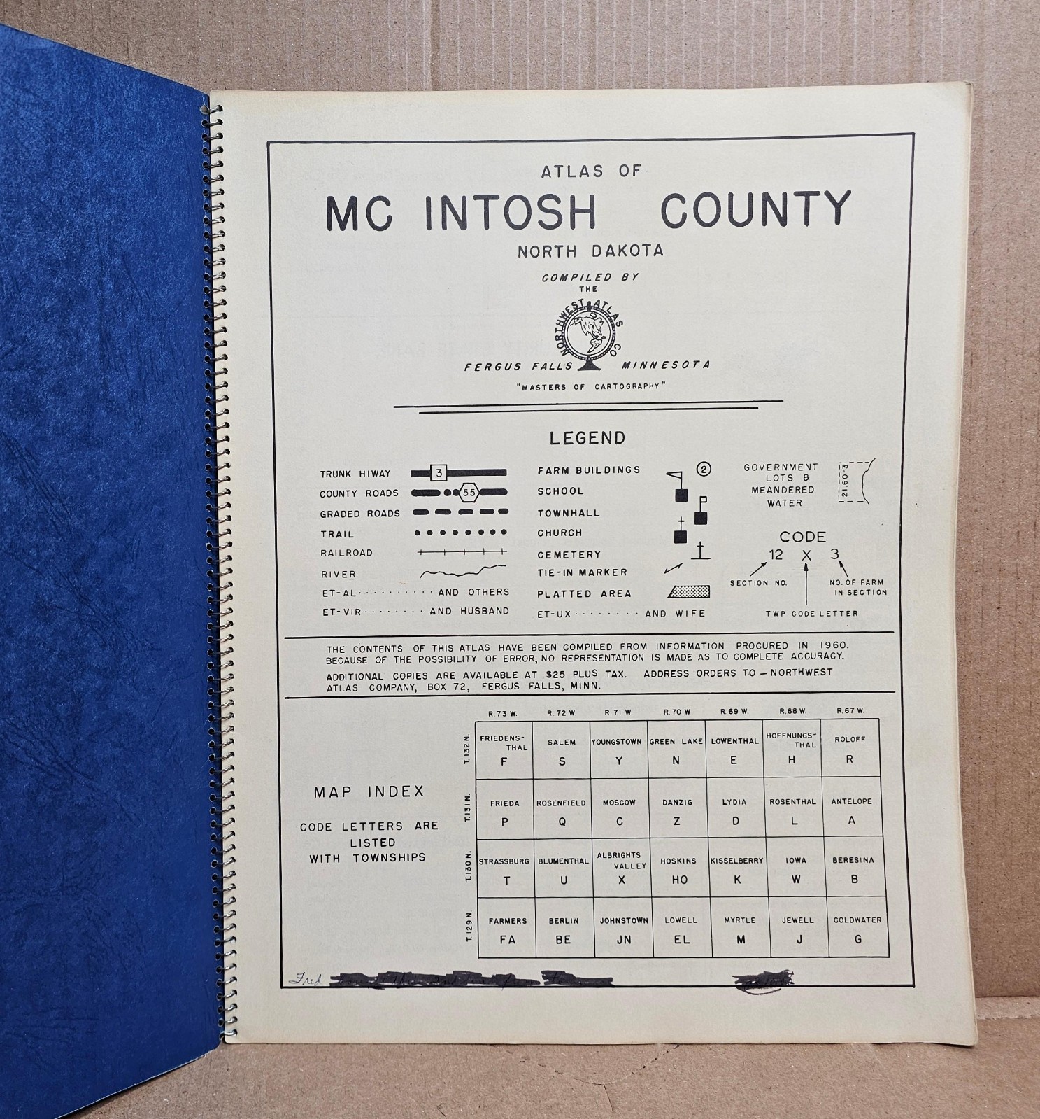 Atlas of McIntosh County North Dakota 1960 Spiral-Bound Paperback Maps