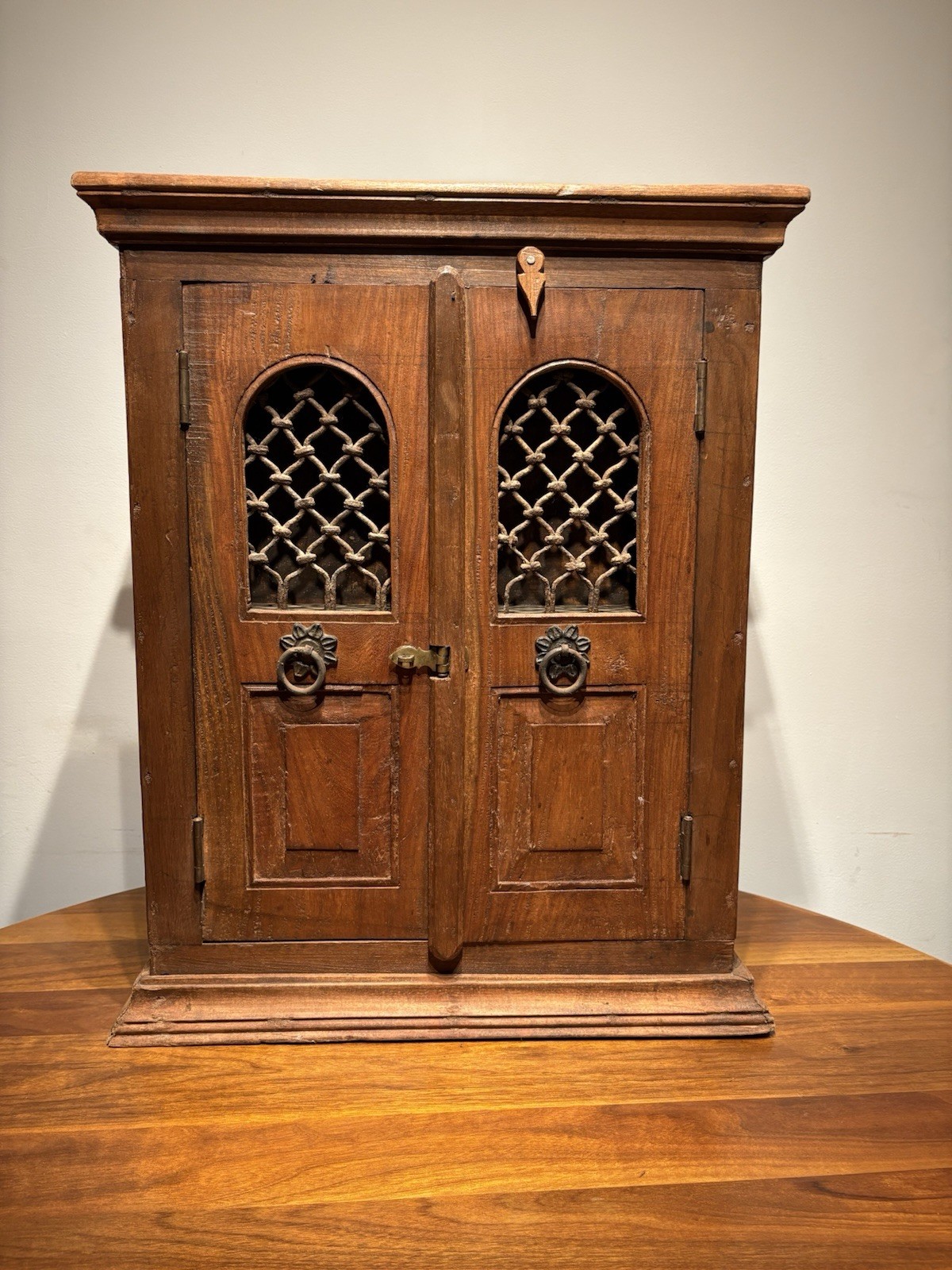 Antique Indian Wooden Wall Shrine / Shallow Cabinet w/ Arched Iron Grille Doors