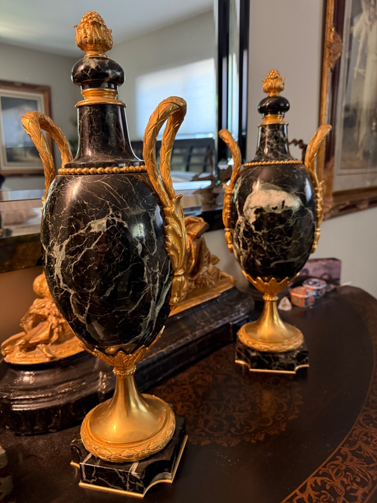 Pair Exceptional 1870 Dore Gilt Bronze French Louis XVI Verdi Marble Cassoletts