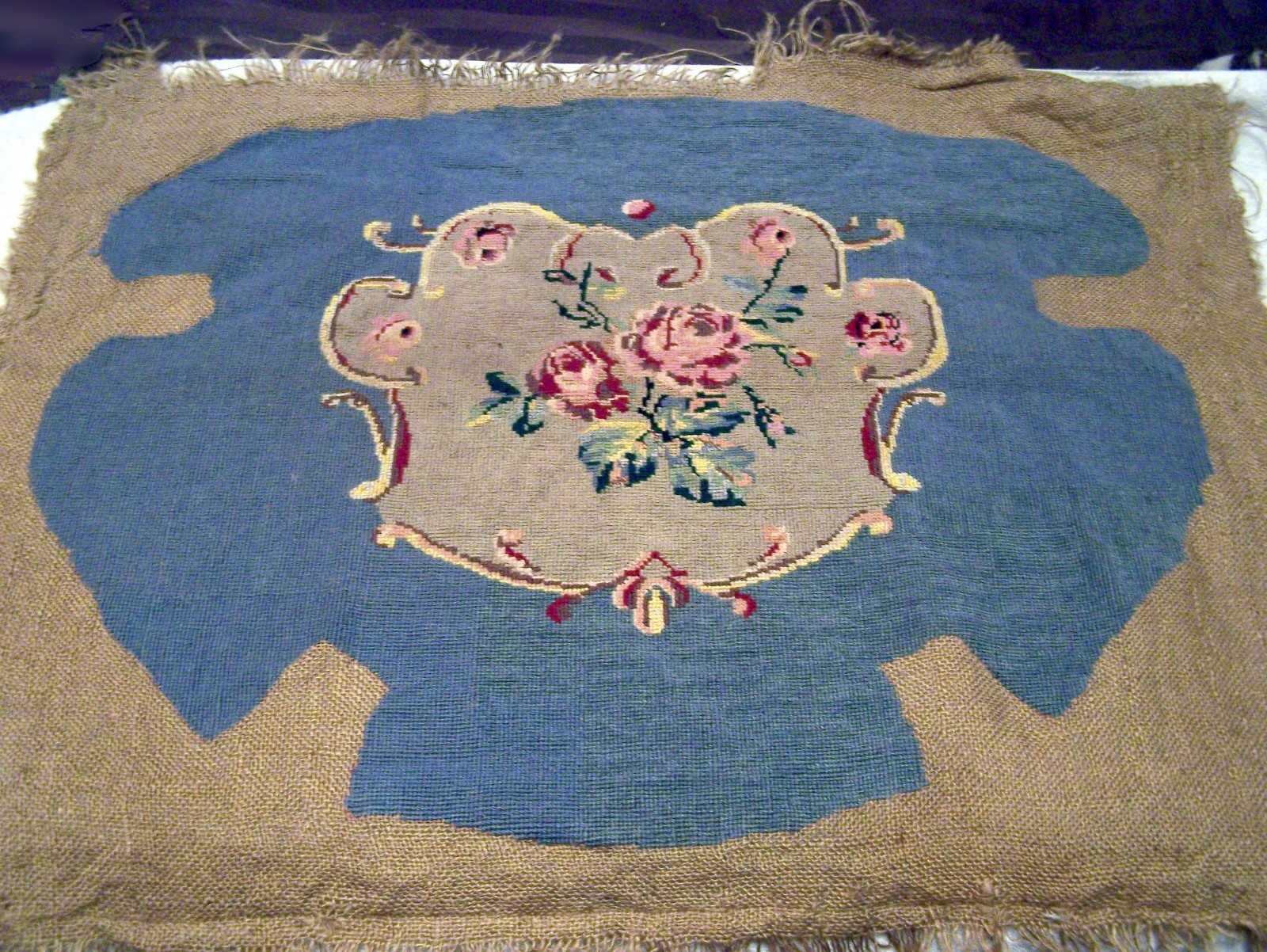 Antique Victorian Completed Needlepoint Parlor Chair Floral Seat Cover Pattern