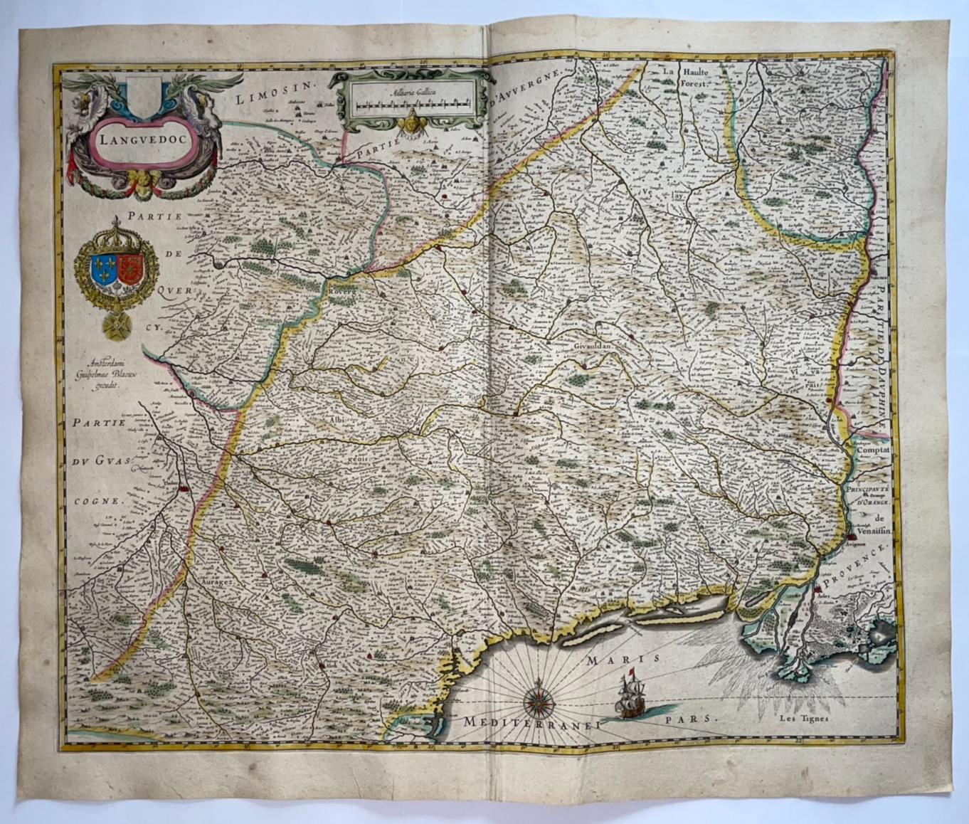LANGUEDOC FRANCE 1640 WILLEM & JOAN BLAEU LARGE ANTIQUE MAP 17TH CENTURY