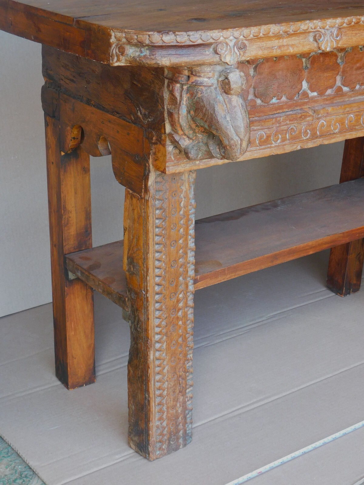 Carved console altar table southeast asian elephants chip carved hardwood shelf