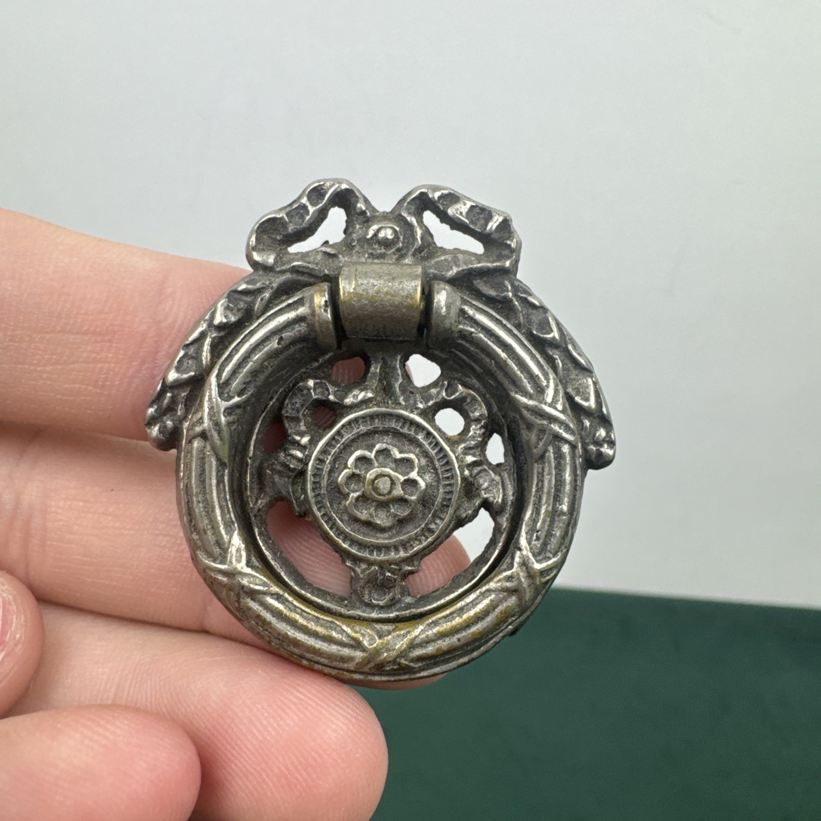 Antique Victorian Floral Ring Drawer Pull Silver Tone Furniture Hardware