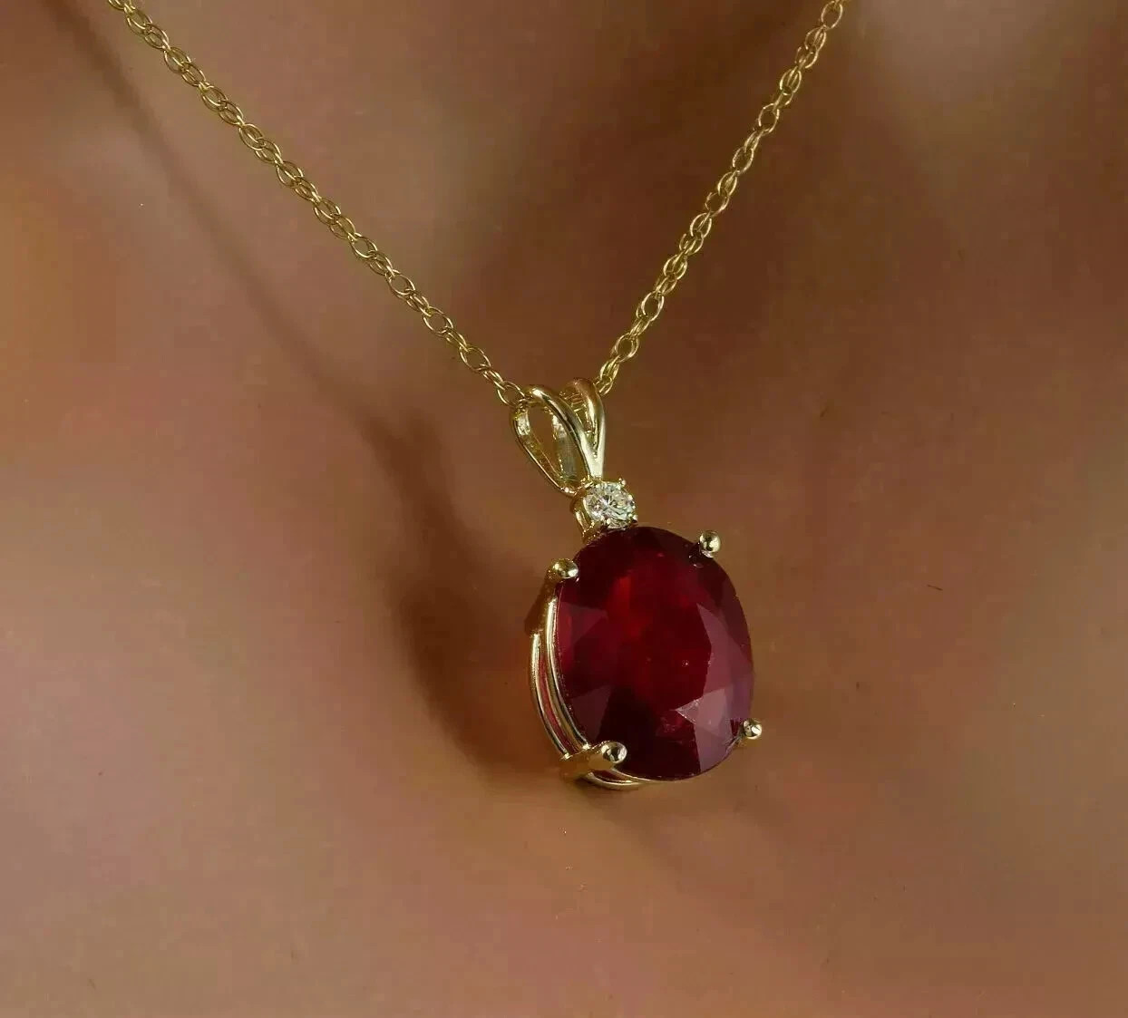 3Ct Oval Cut Red Ruby Diamond Solitaire Pendant Necklace 14K Yellow Gold Finish