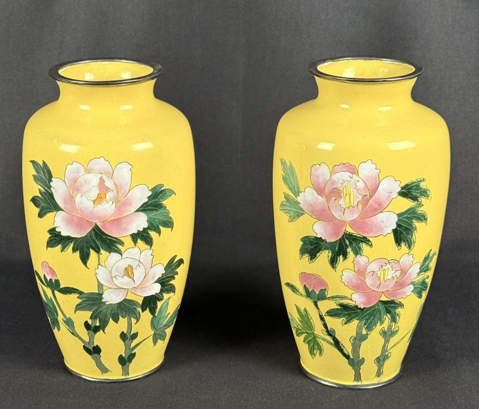 Pair Japanese Cloisonné Vases Akagi Nagoya WWII CPO 1945–50 Yellow Peony 7”