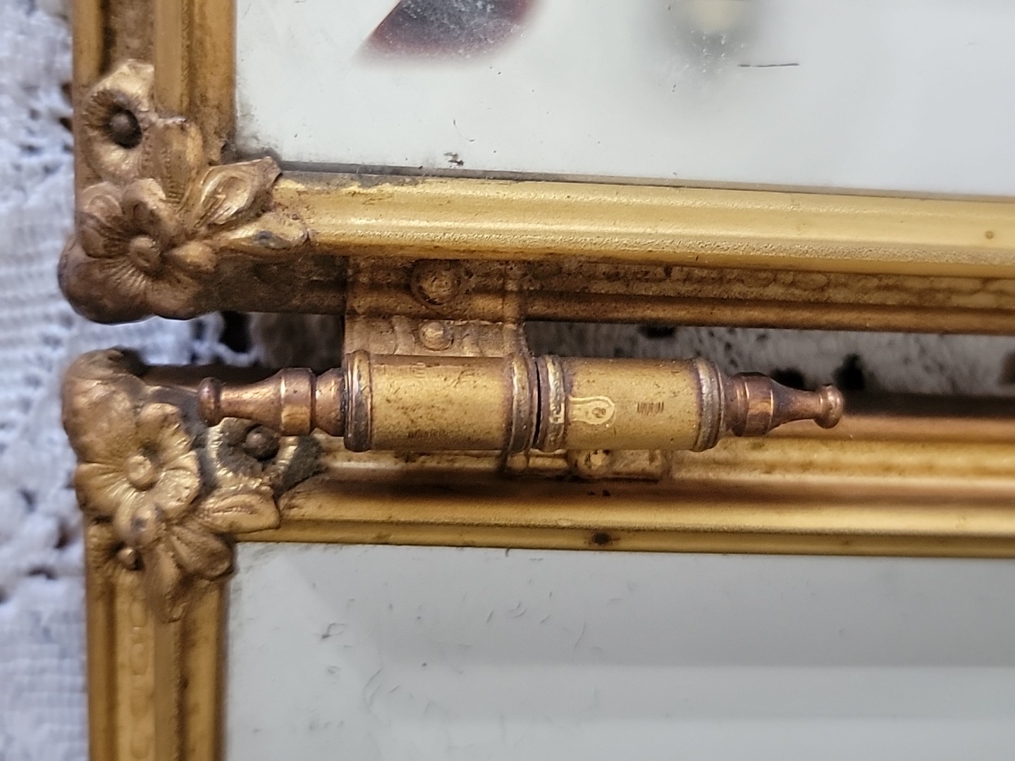 Antique Victorian Couple Ormola Celluloid Tri-fold Beveled Dresser Wall Mirror