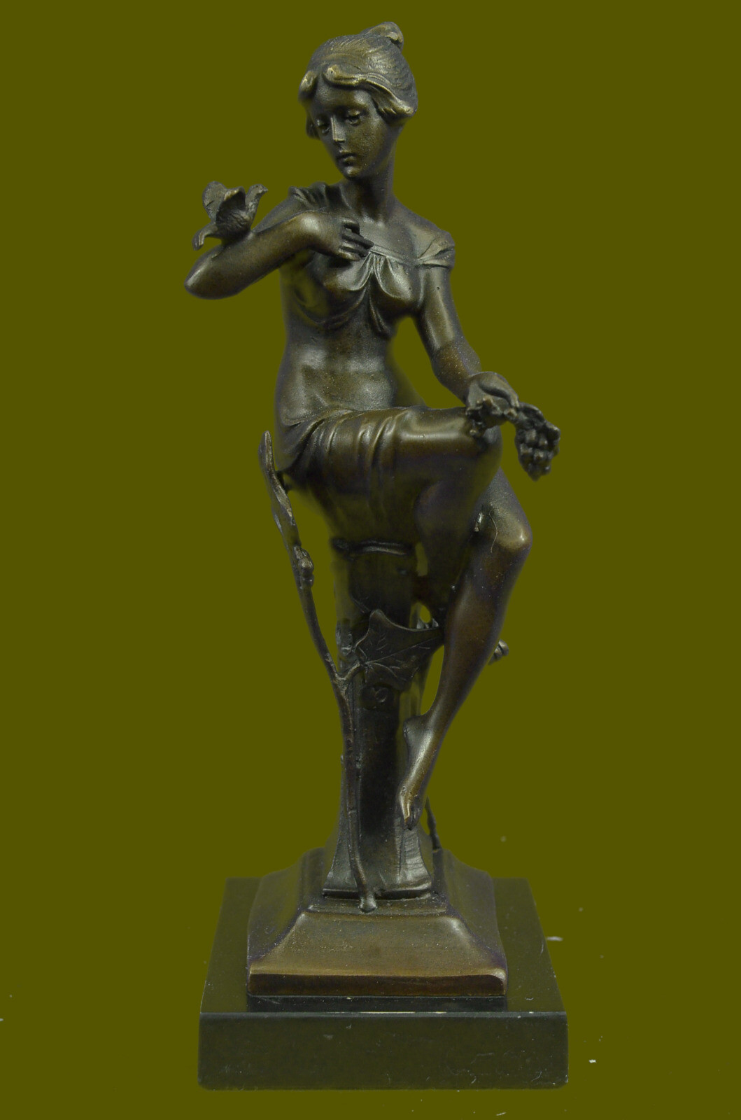 Girl with Bird on The Hand Mid Century Gift Bronze Sculpture Signed by Artist