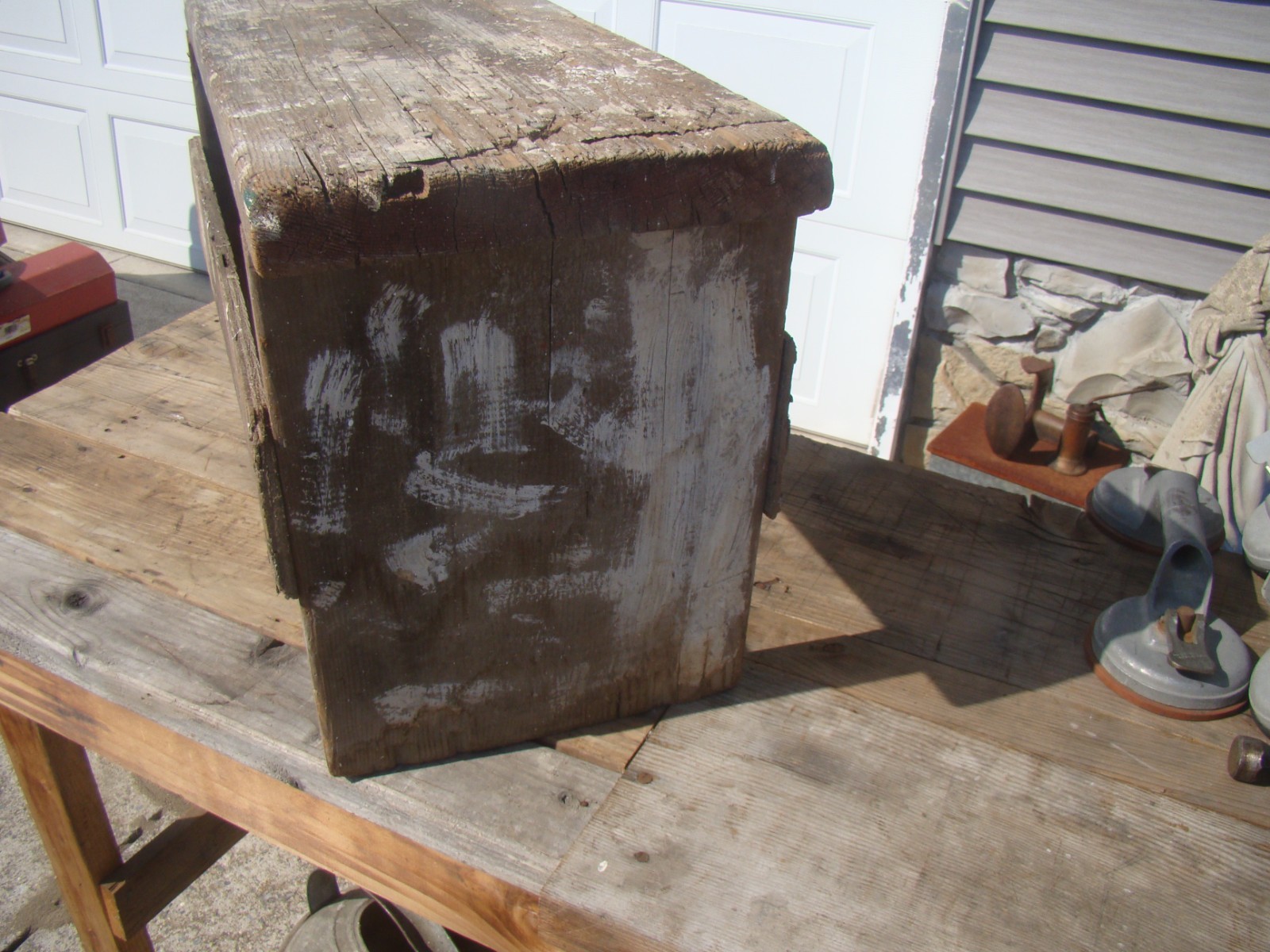 Antique Folk Art Wooden Stool / Bench Splatters of Old Paint Patina.