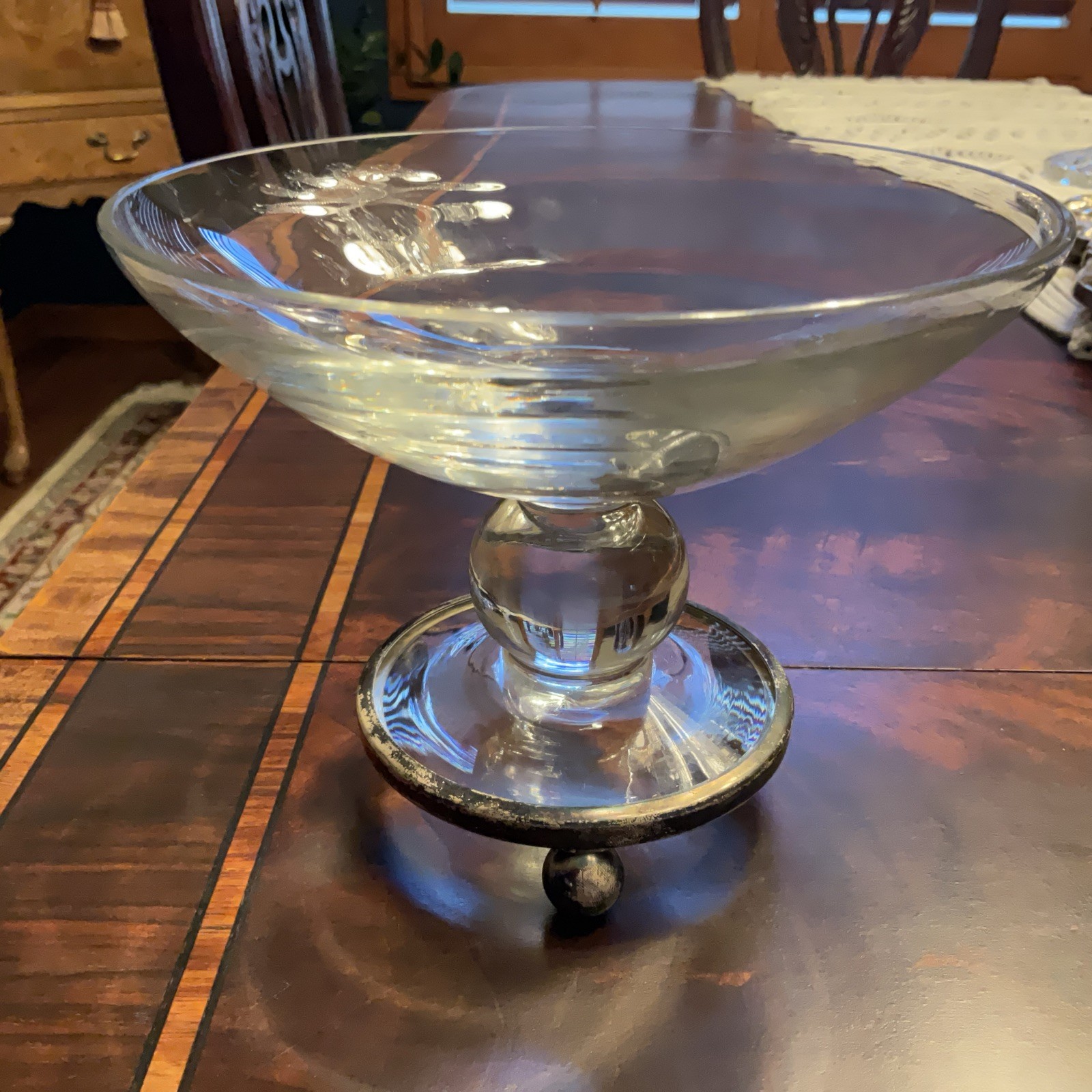 Vintage Glass Compote Bowl w/ Sterling Silver Base Rim 5” Tall 6.5” Diameter