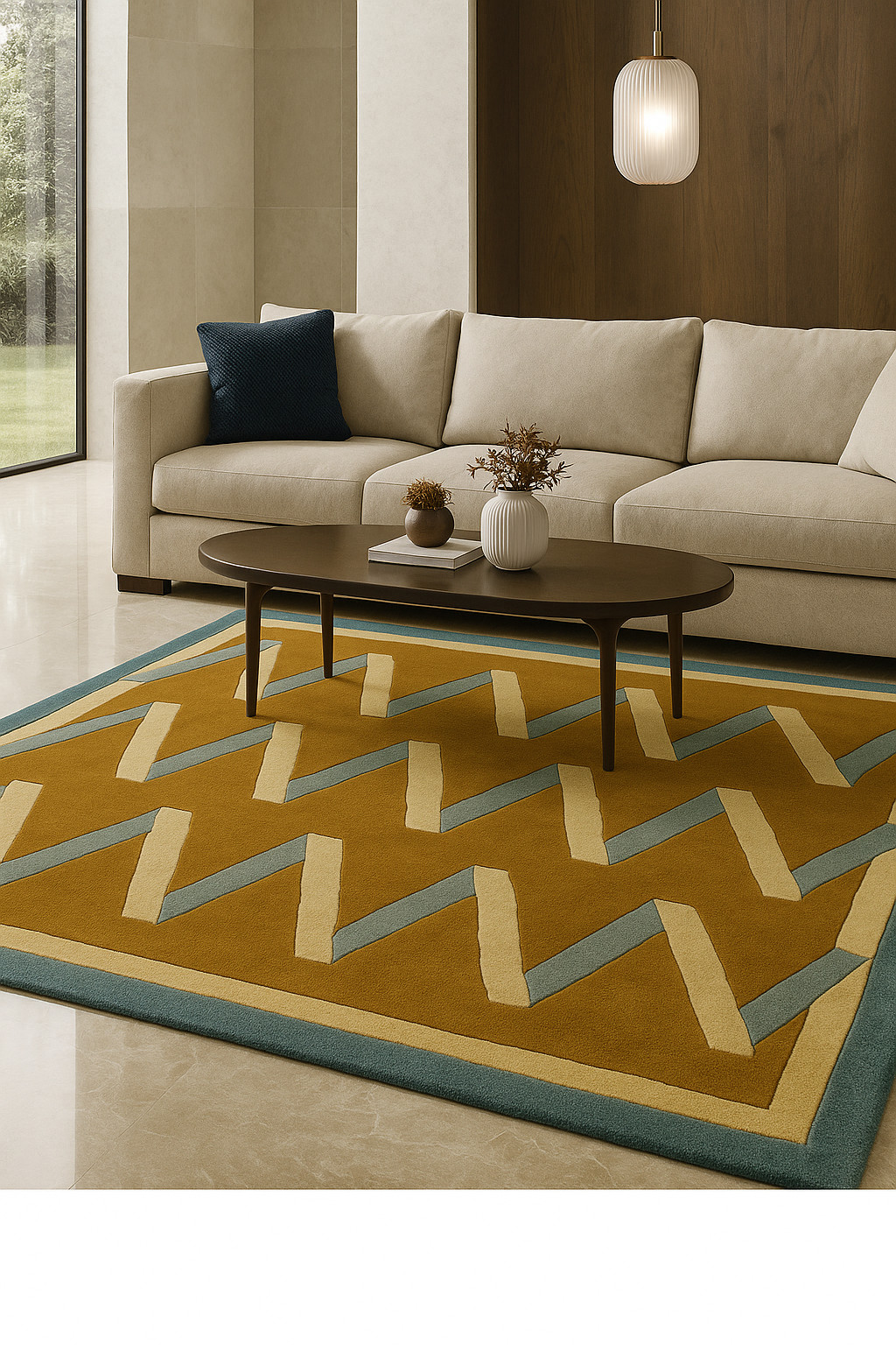 Mustard Geometric Area Rug | Modern Zigzag Pattern Carpet | Handmade Living Room