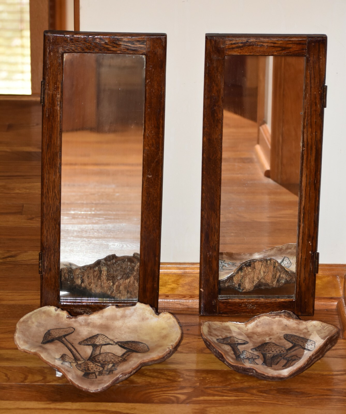 Antique Mirrors Oak Repurposed Art with Conk/Toad Stool Mushroom Art Shelves Set