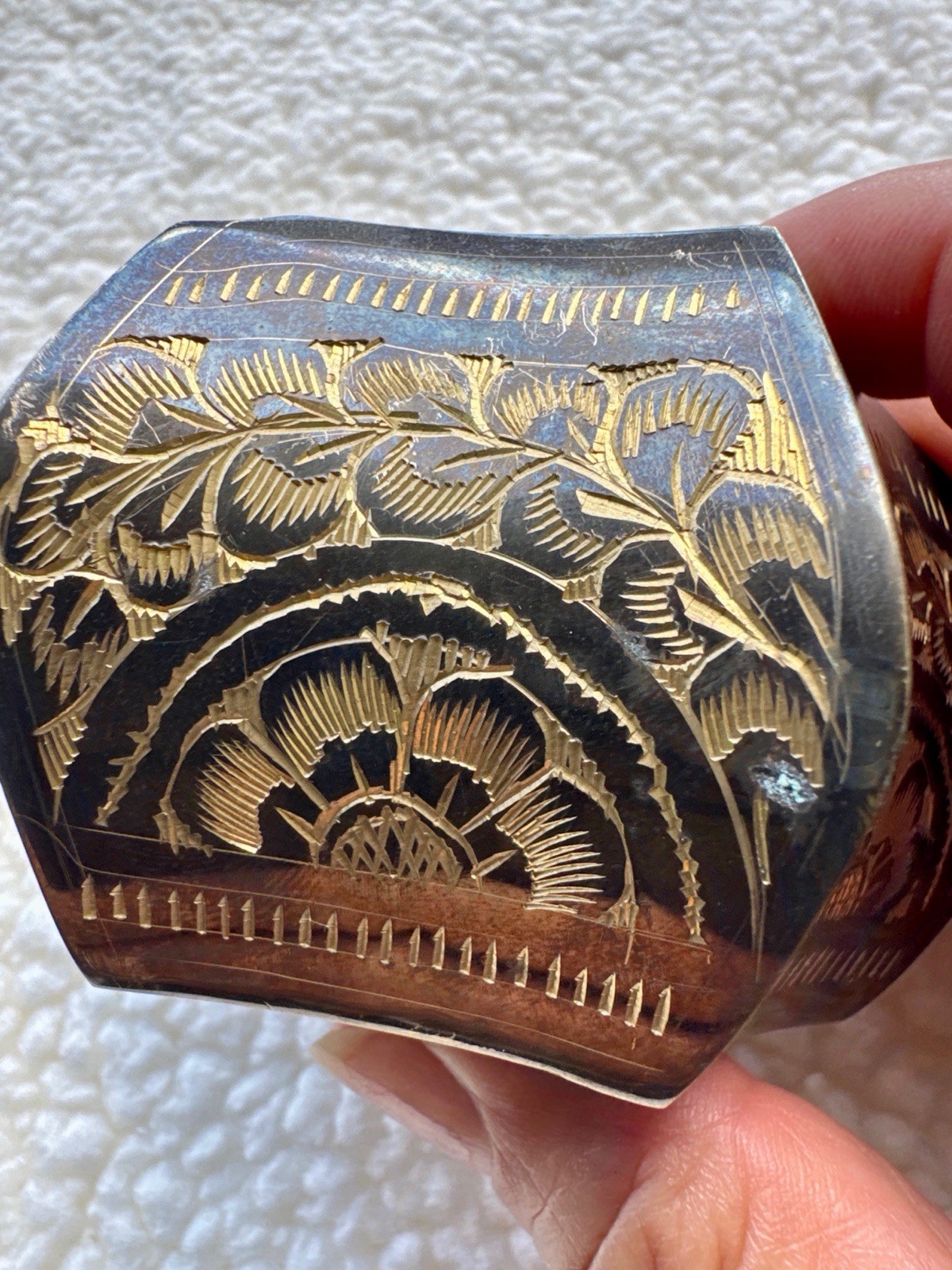 Hand-carved hexagonal brass ashtray