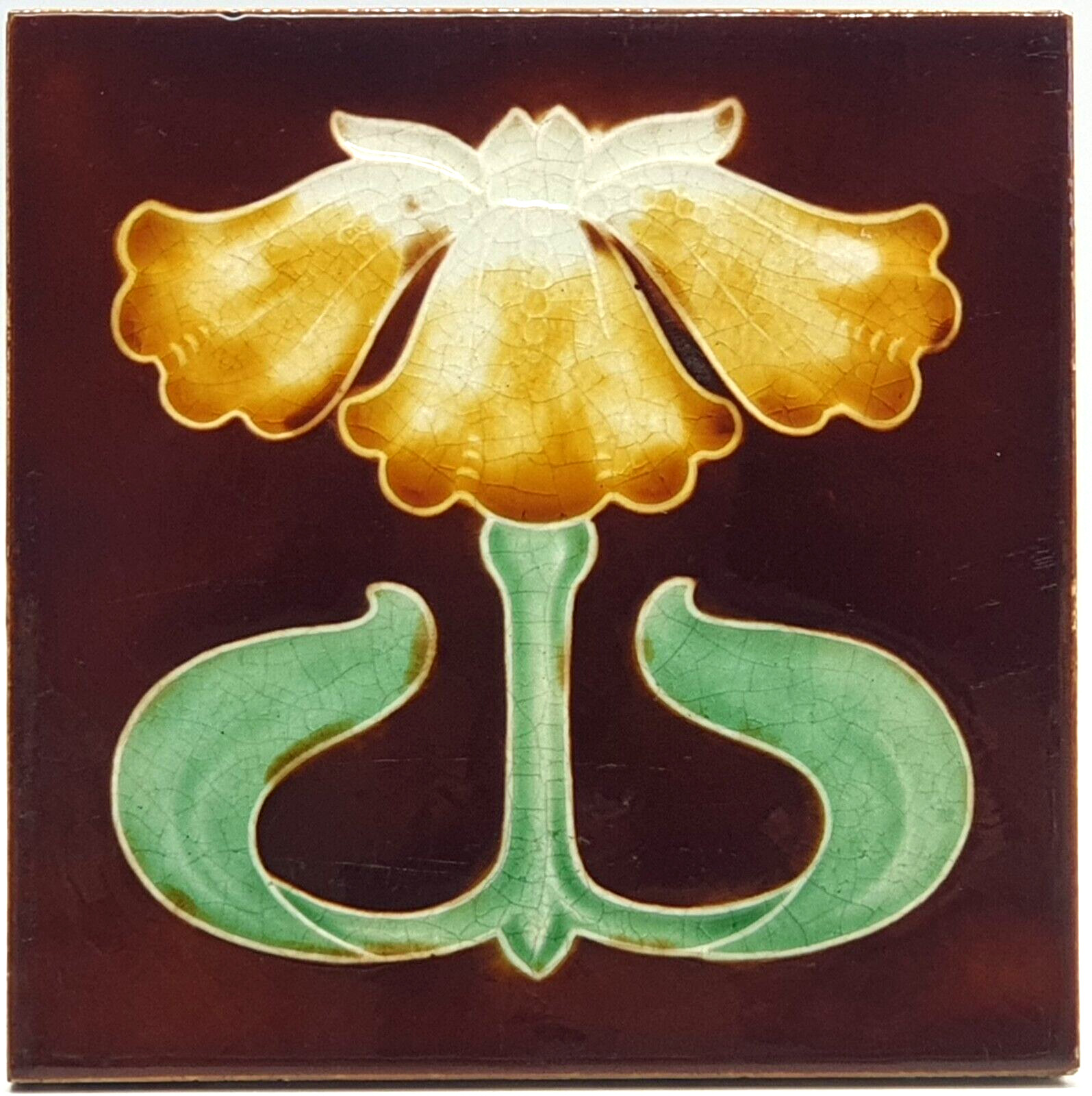 Art Nouveau Fireplace Brown Floral Majolica by Corn Bros C1900