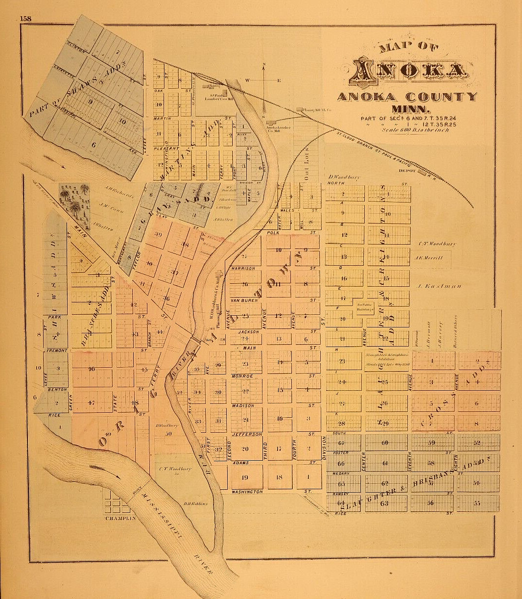 1874 Plat Map ~ ANOKA, MN / SAUK RAPIDS, SAUK CENTRE on Reverse (14×17)-#27