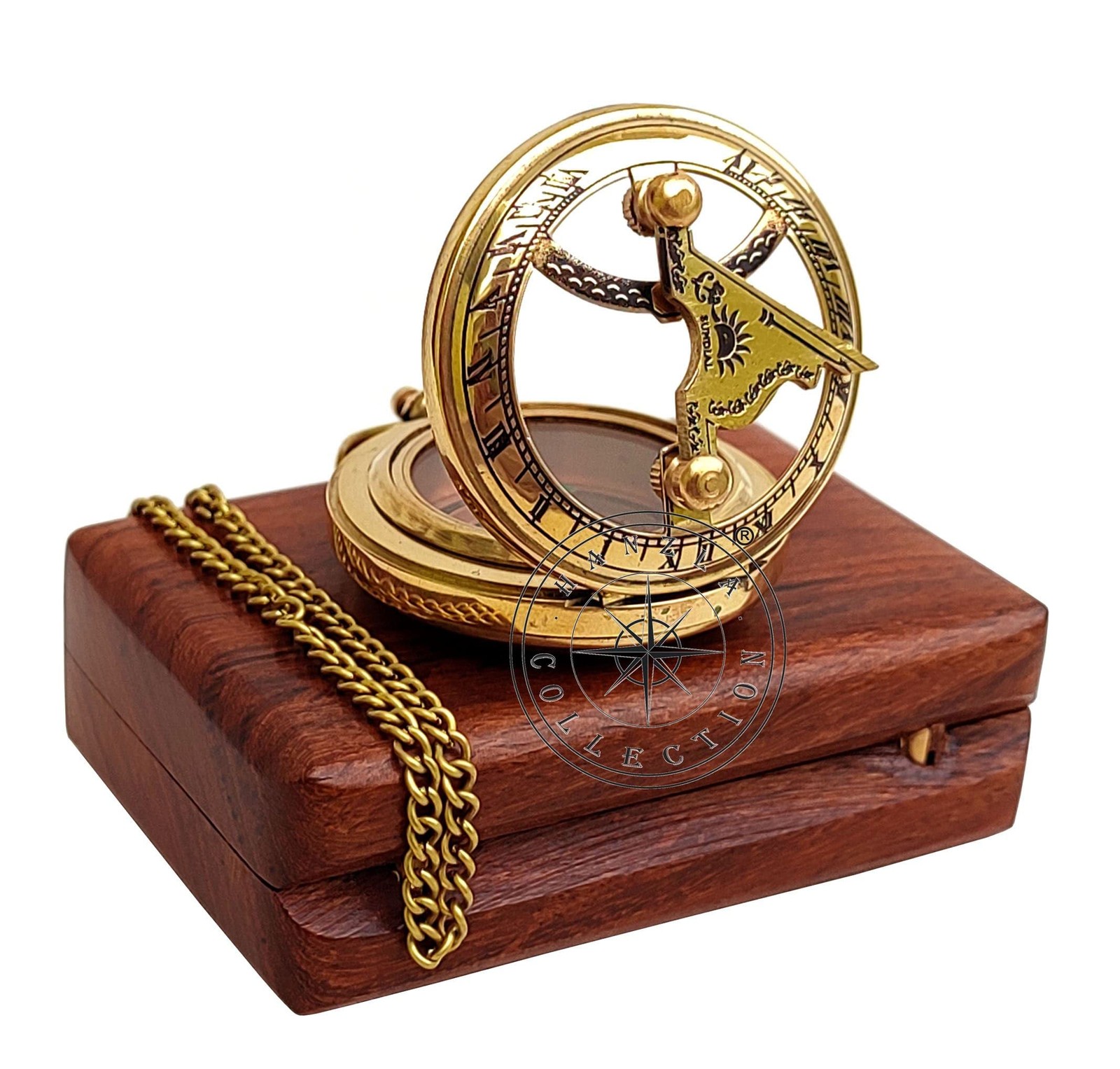 Handmade Push Button Direction Sundial Clock with Chain & Wooden Box – Brass …