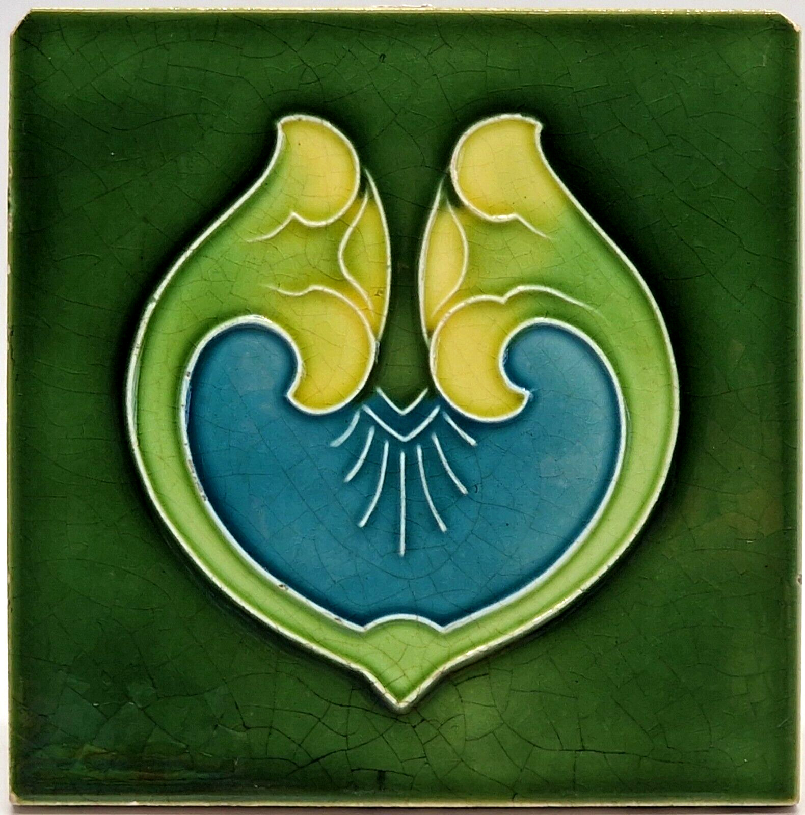 Art Nouveau Fireplace Green Tubelined Tile Floral Design by Henry Richards C1909