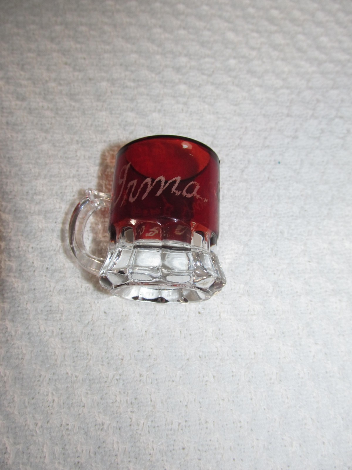 Antique Etched Jones Irma Ruby Flash Erie 1905 Souvenir Fair Red Mini Mug 2″