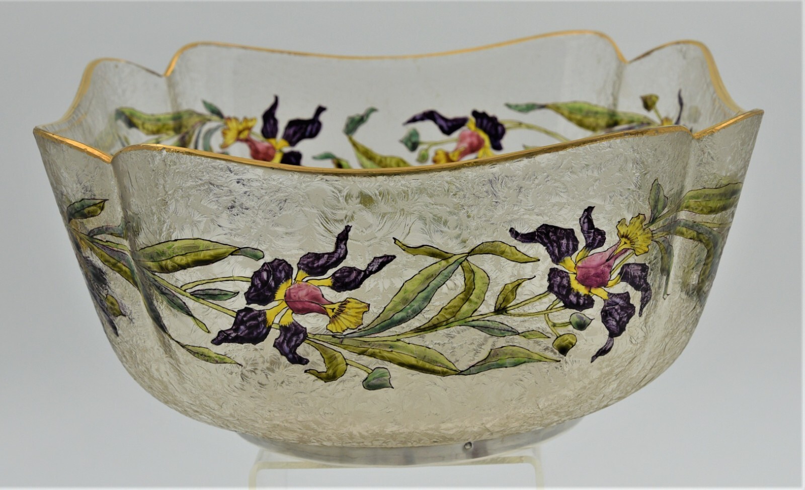 Quality Antique square frosted bowl with enameled flowers, leaves and stems.