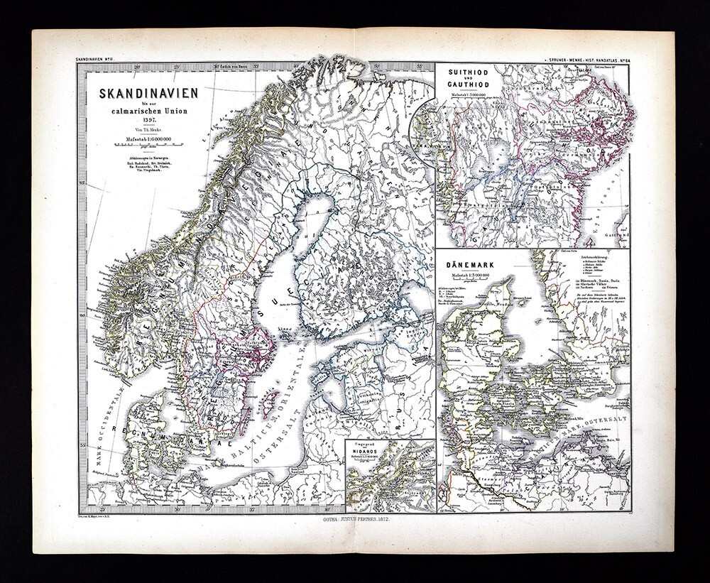 1880 Spruner Map Medieval Scandinavia Norway Sweden Finland Denmark Nidaros 1397