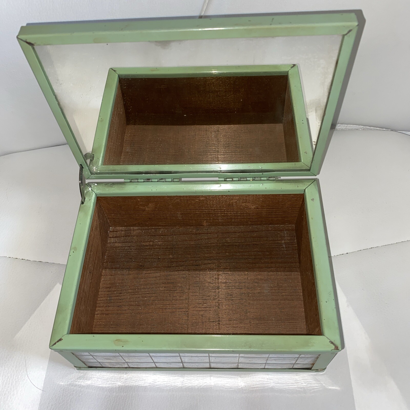 ART DECO CHROMIUM DRESSER JEWELRY BOX SILHOUETTE GREEN METAL WOOD INTERIOR 1920s