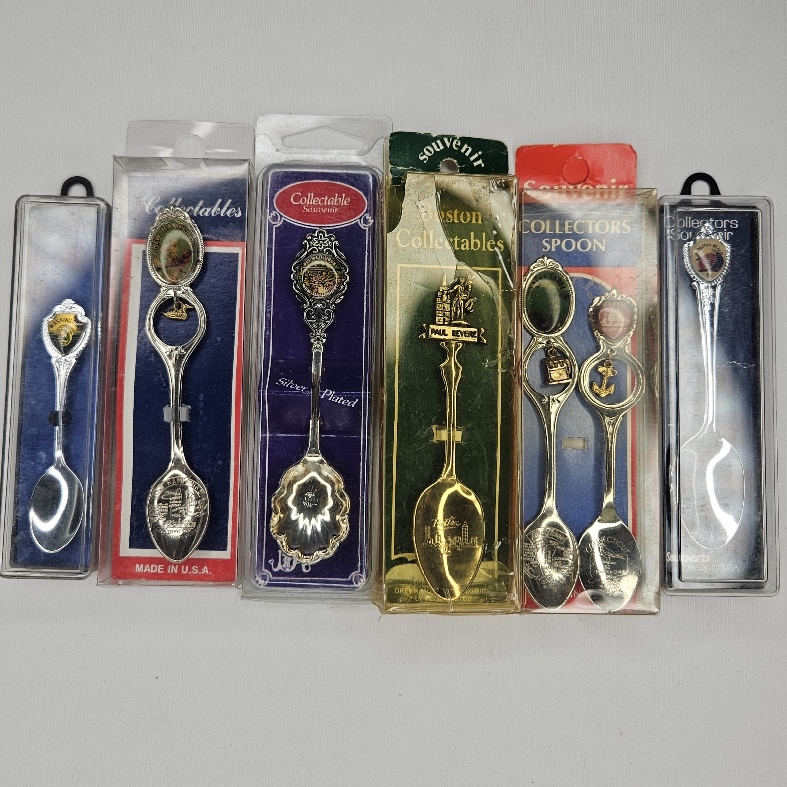 7 Vintage Souvenir State Spoons – Silver-plated New Hampshire Boston Lake Tahoe