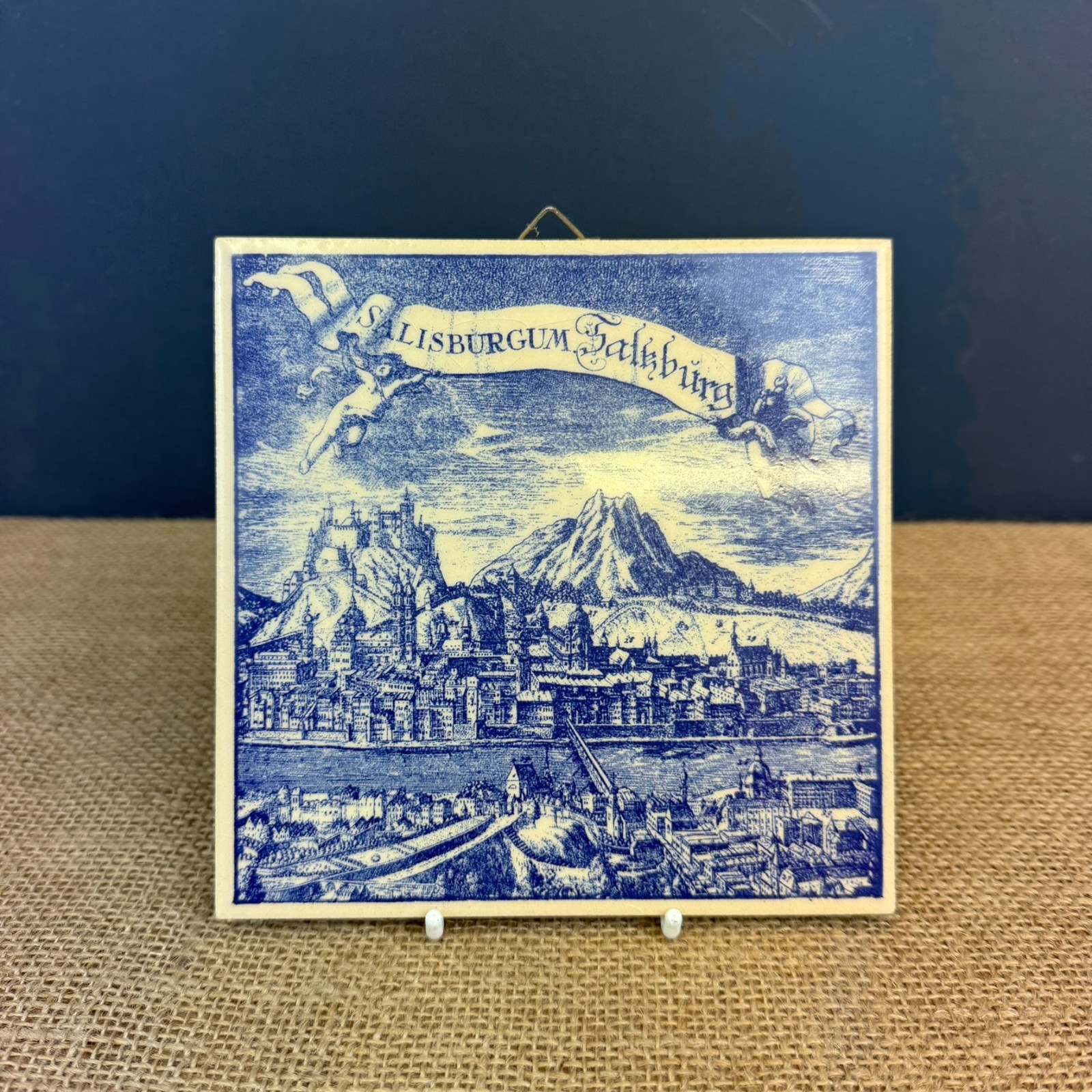 VINTAGE BLUE & WHITE SALISBURGUM SALZBURG MOUNTAIN SCENE HANGING CERAMIC TILE