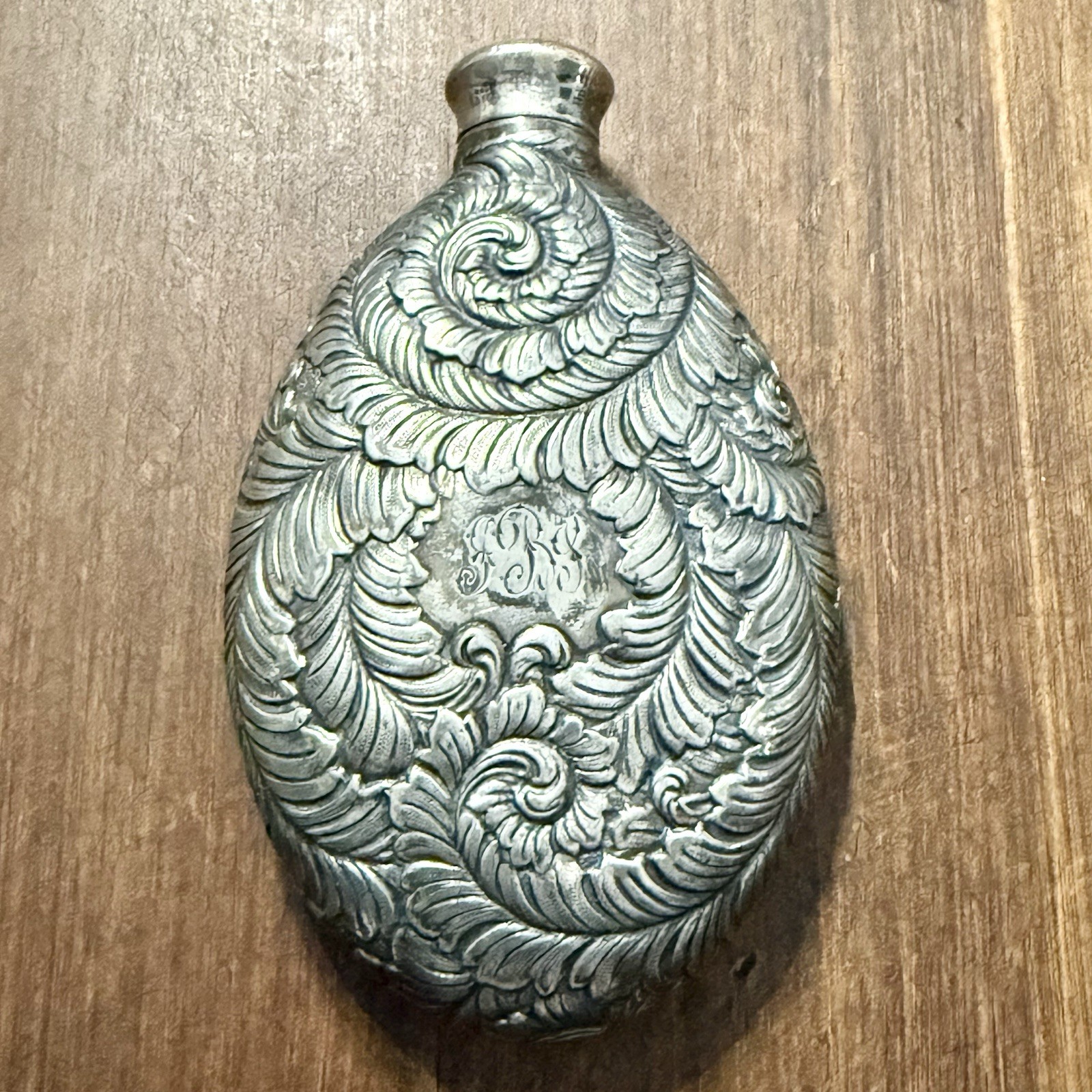Ornate Victorian Silver Flask Repoussé Designs Antique 5”