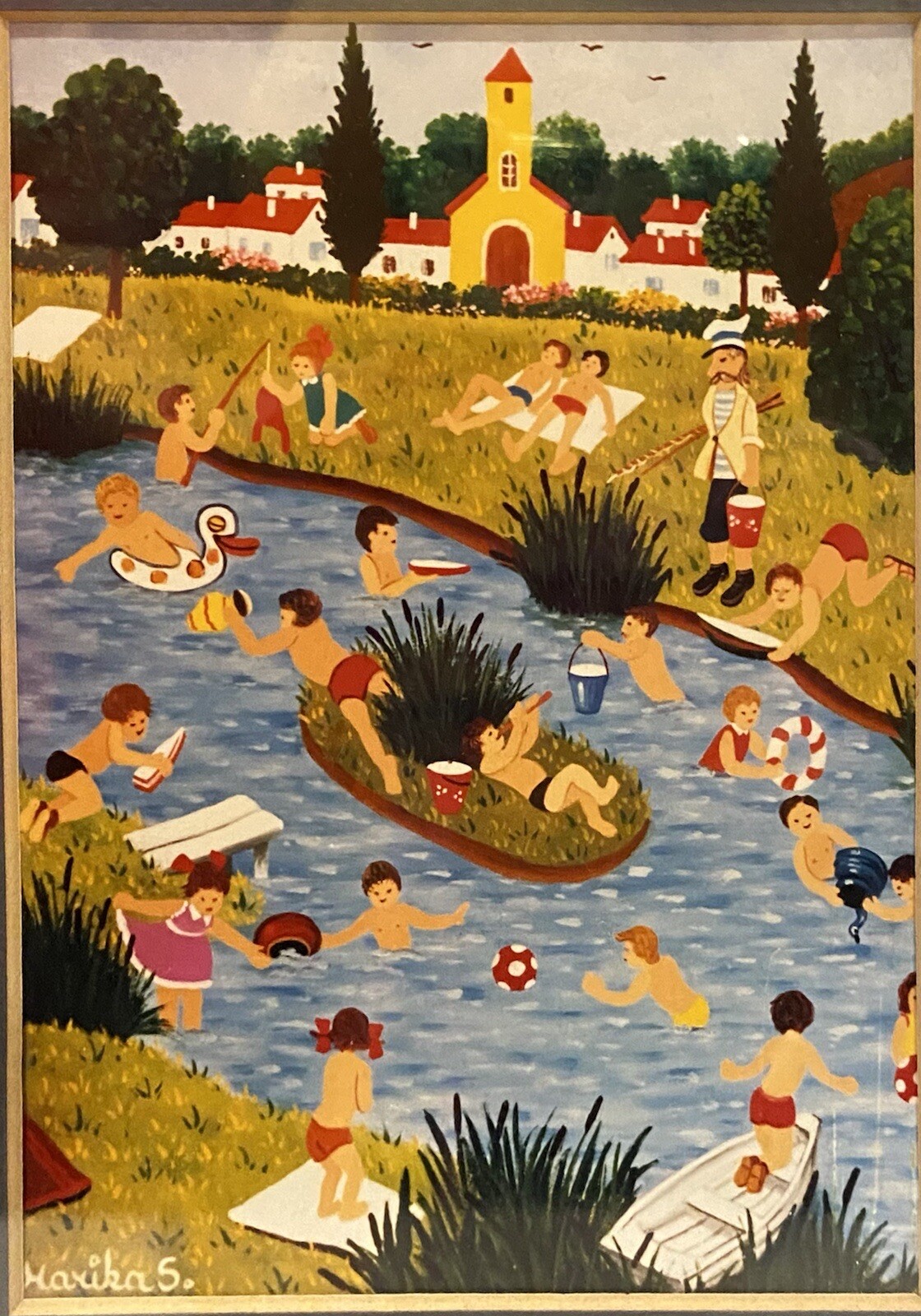 SET 3 ORIGINAL SIGNED FOLK/NAIF Village Scenes Matted/Framed MARIKA S. EUC