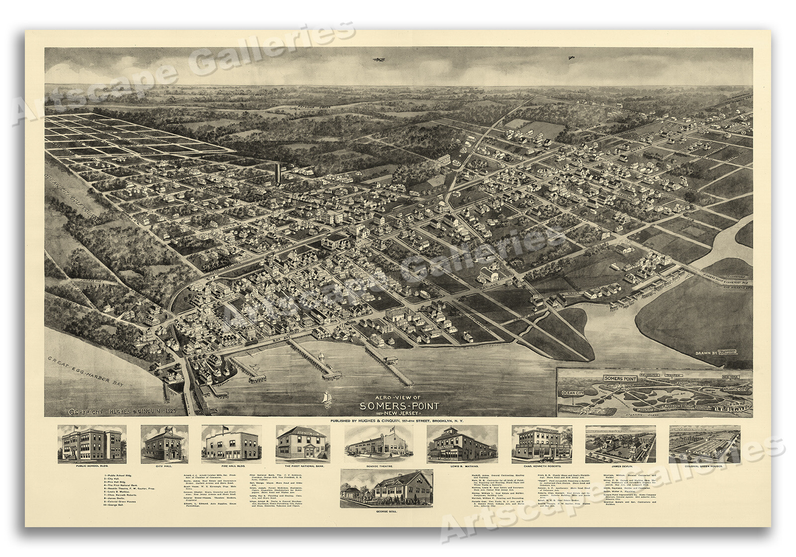 Somers Point New Jersey 1925 Historic Panoramic Town Map – 16×24
