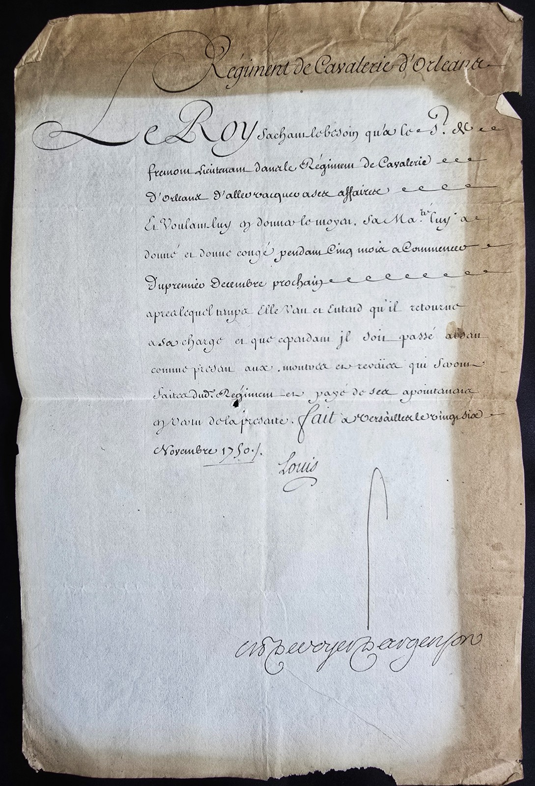 1750 – LOUIS XV SIGNED MILITARY LEAVE DOCUMENT – REGIMENT DE CAVALERIE D’ORLEANS