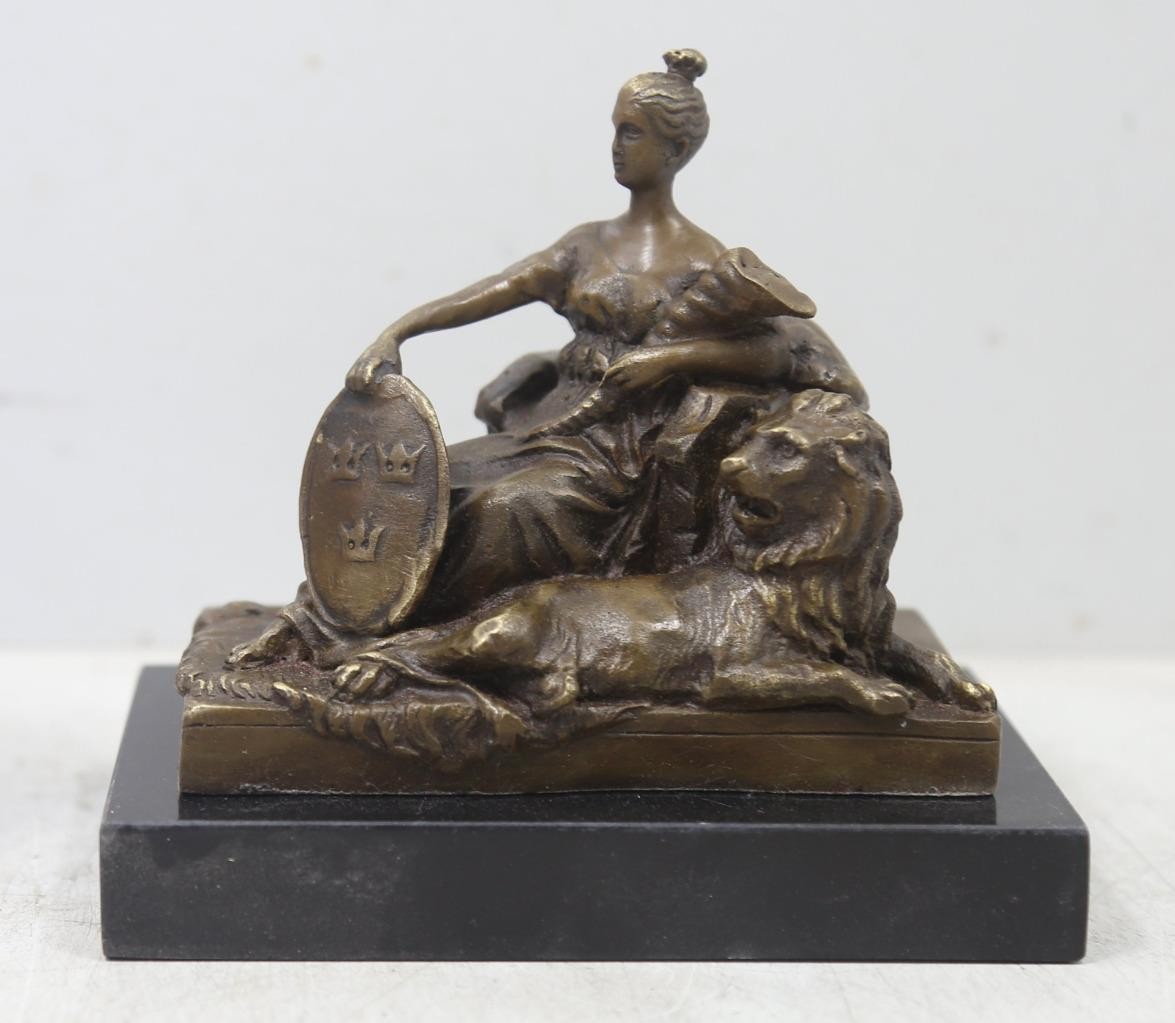 Swedish Bronze Sculpture Statue of Mother Svea with a Lion & Shield