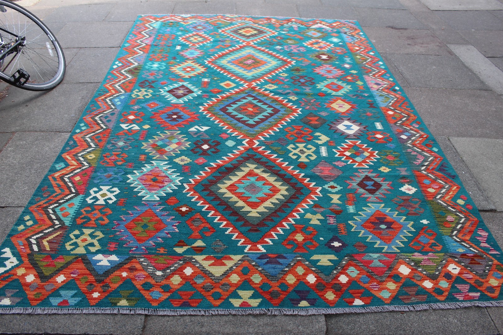 Kilim Vintage Traditional Hand Made Oriental Green Blue Wool Kilim 306x202cm