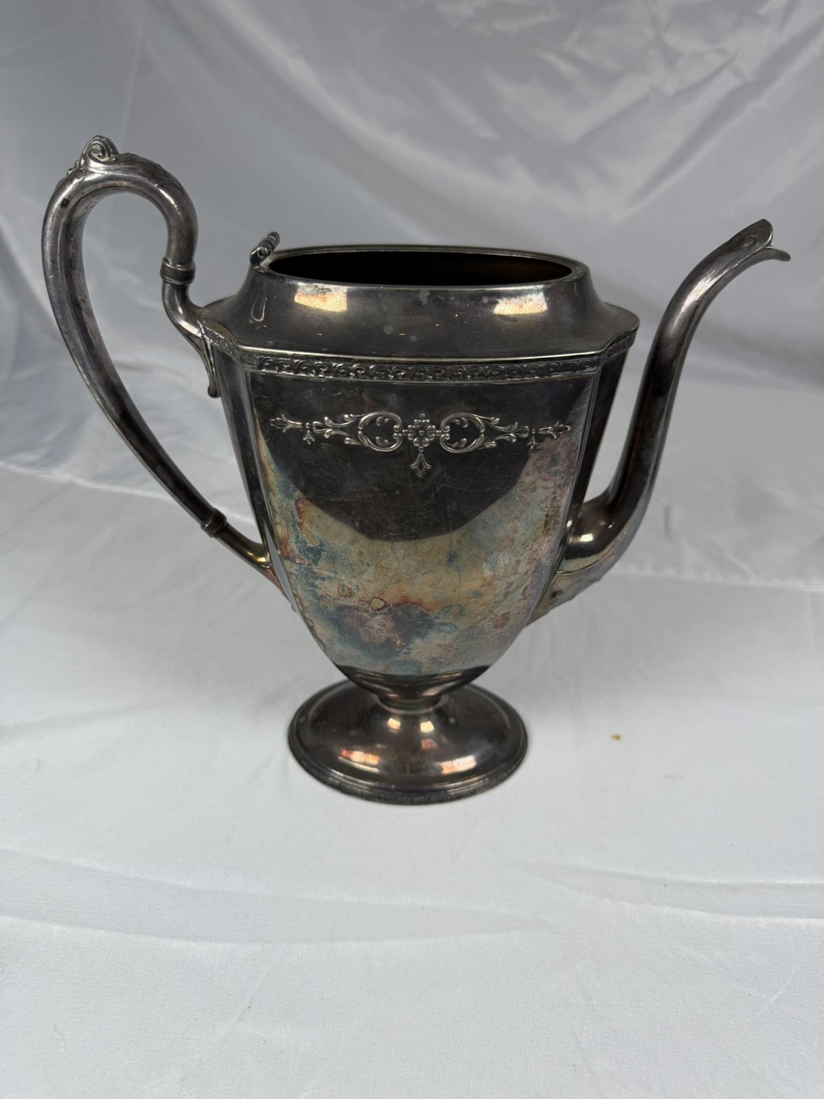 Vintage Silverplate Teapot Coffee Pot Ornate Garland Band Pedestal Footed Hinged