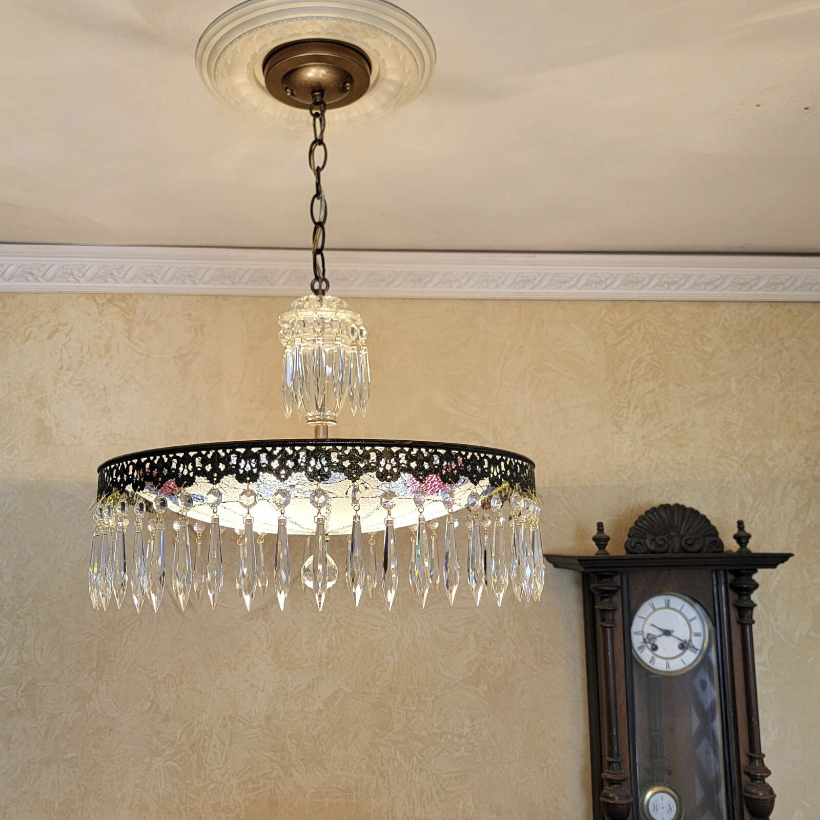 377c Antique Vintage 1930’s Ceiling Lamp Fixture Glass Chandelier Dining