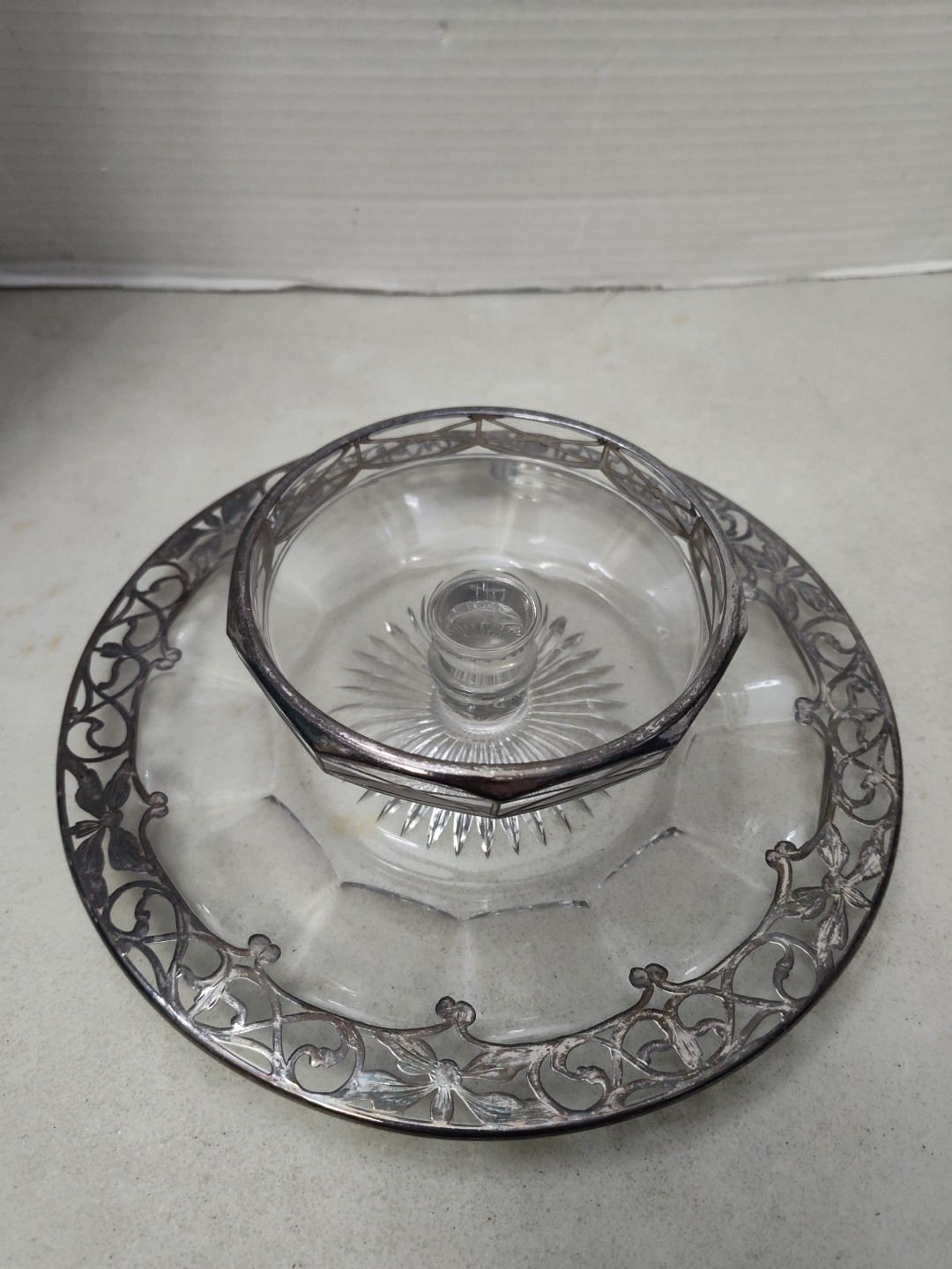 Sterling Silver Overlay Tiered Tray Cut Crystal Star Bottom Ornate Heisey Clear